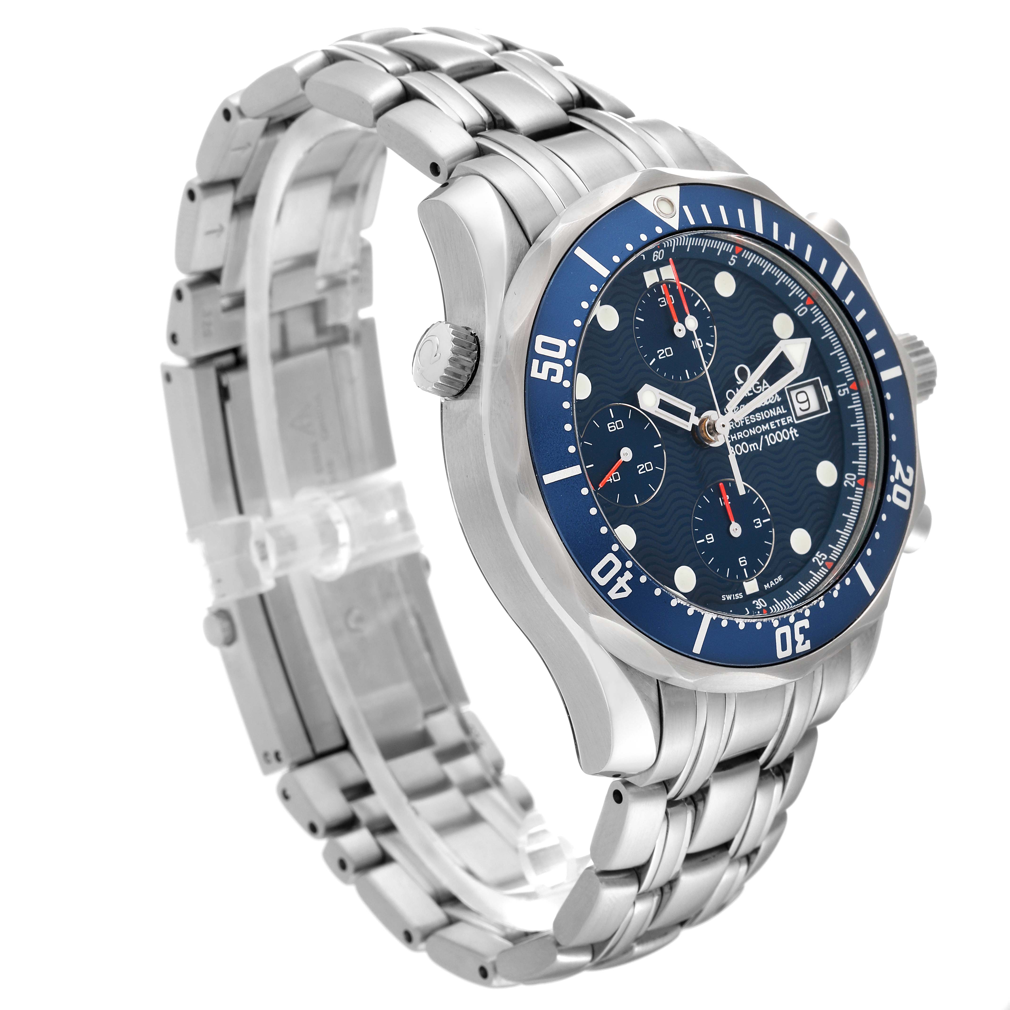 The image shows an Omega Seamaster 2599.80.00 Men's Stainless Steel Blue Dial 2599.80.00 Men's Stainless Steel Blue Dial watch from an angled side view, highlighting its blue dial, bezel, and metal bracelet.