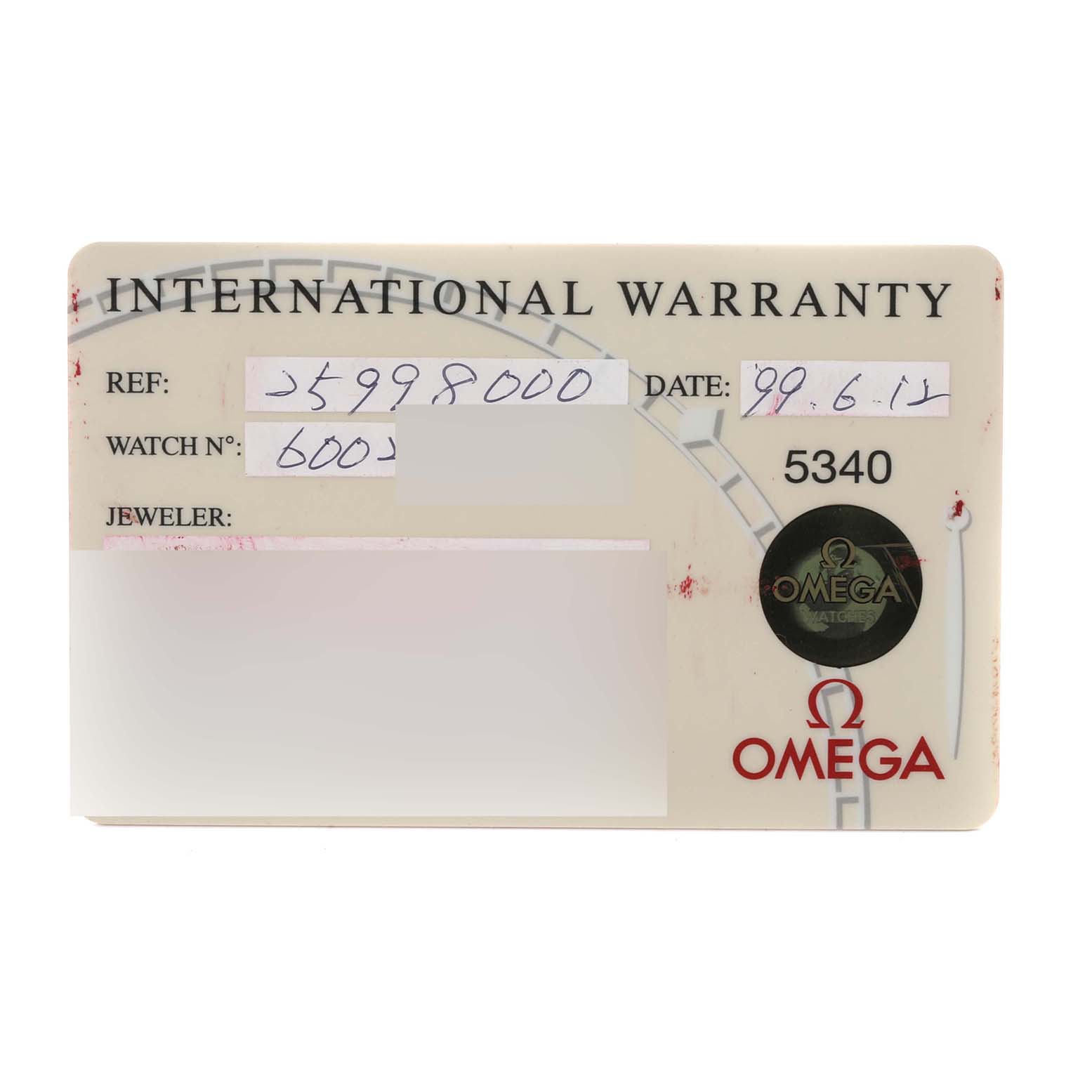 The image shows an Omega International Warranty card for the Seamaster model, displaying details like the reference number, date, and serial number.