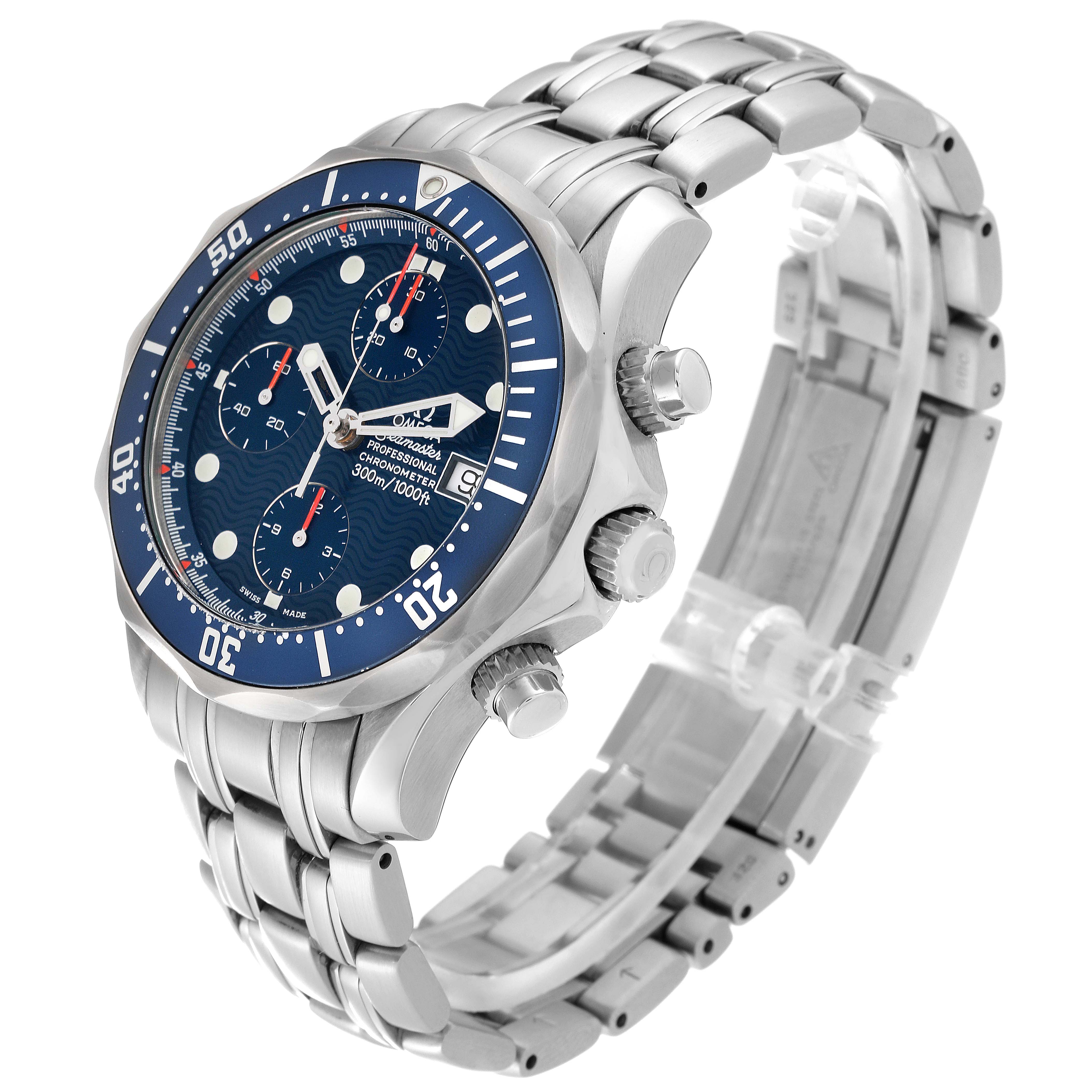 The Omega Seamaster 2599.80.00 Men's Stainless Steel Blue Dial 2599.80.00 Men's Stainless Steel Blue Dial watch is shown from a side angle, displaying the dial, bezel, bracelet, and crown.