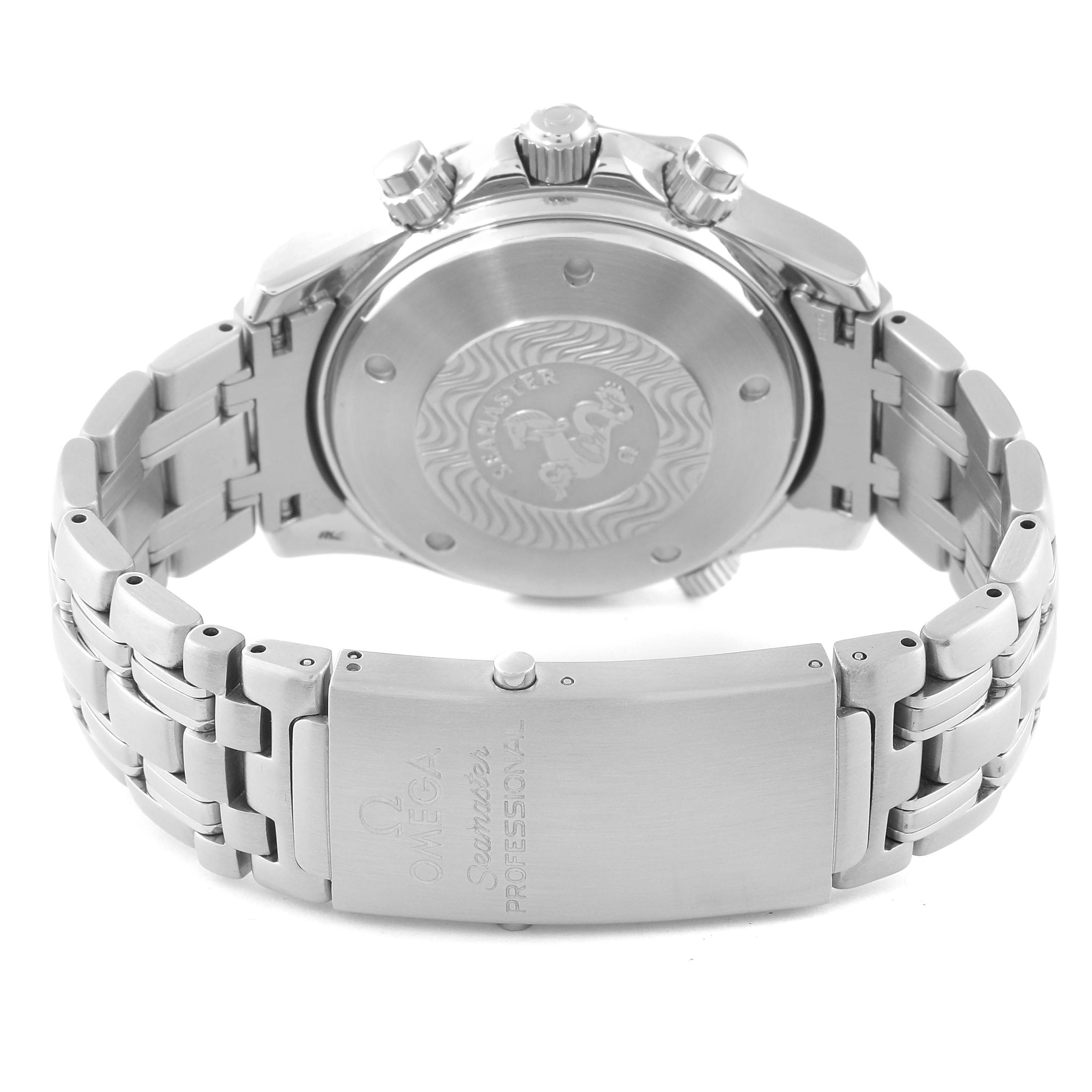 This image shows the back view of an Omega Seamaster 2599.80.00 Men's Stainless Steel Blue Dial 2599.80.00 Men's Stainless Steel Blue Dial watch, highlighting its case back, bracelet, and clasp.