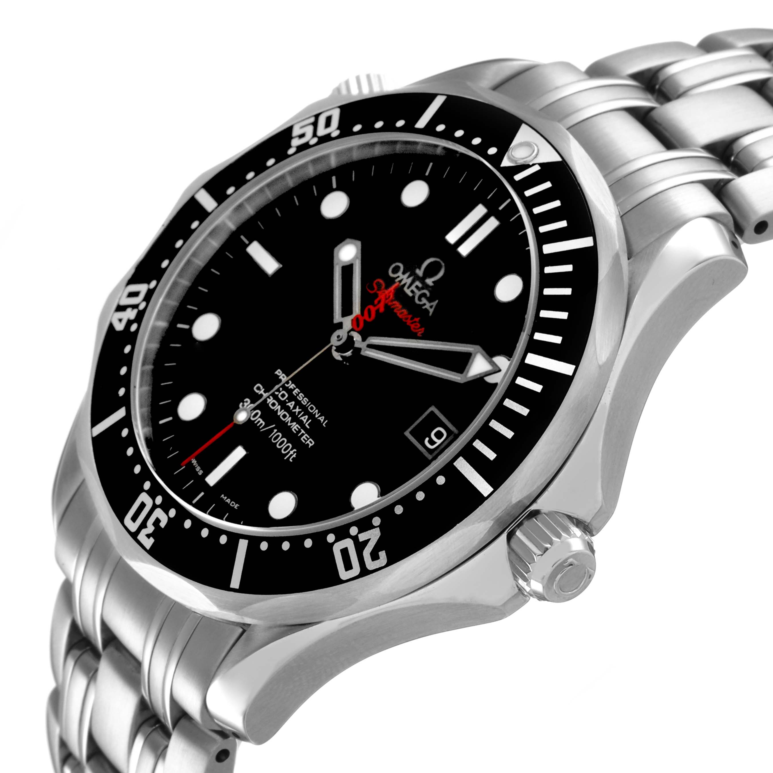The Omega Seamaster 212.30.41.20.01.001 Men's Stainless Steel Black Dial is shown at an angled view, revealing the face, bezel, crown, and part of the bracelet.