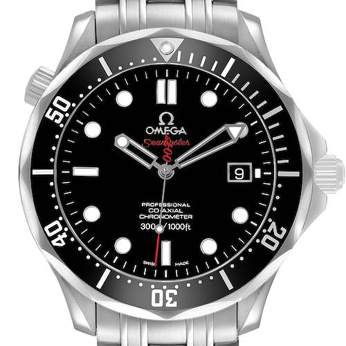 The image shows a front view of the Omega Seamaster 212.30.41.20.01.001 Men's Stainless Steel Black Dial watch, highlighting its dial, bezel, and bracelet.