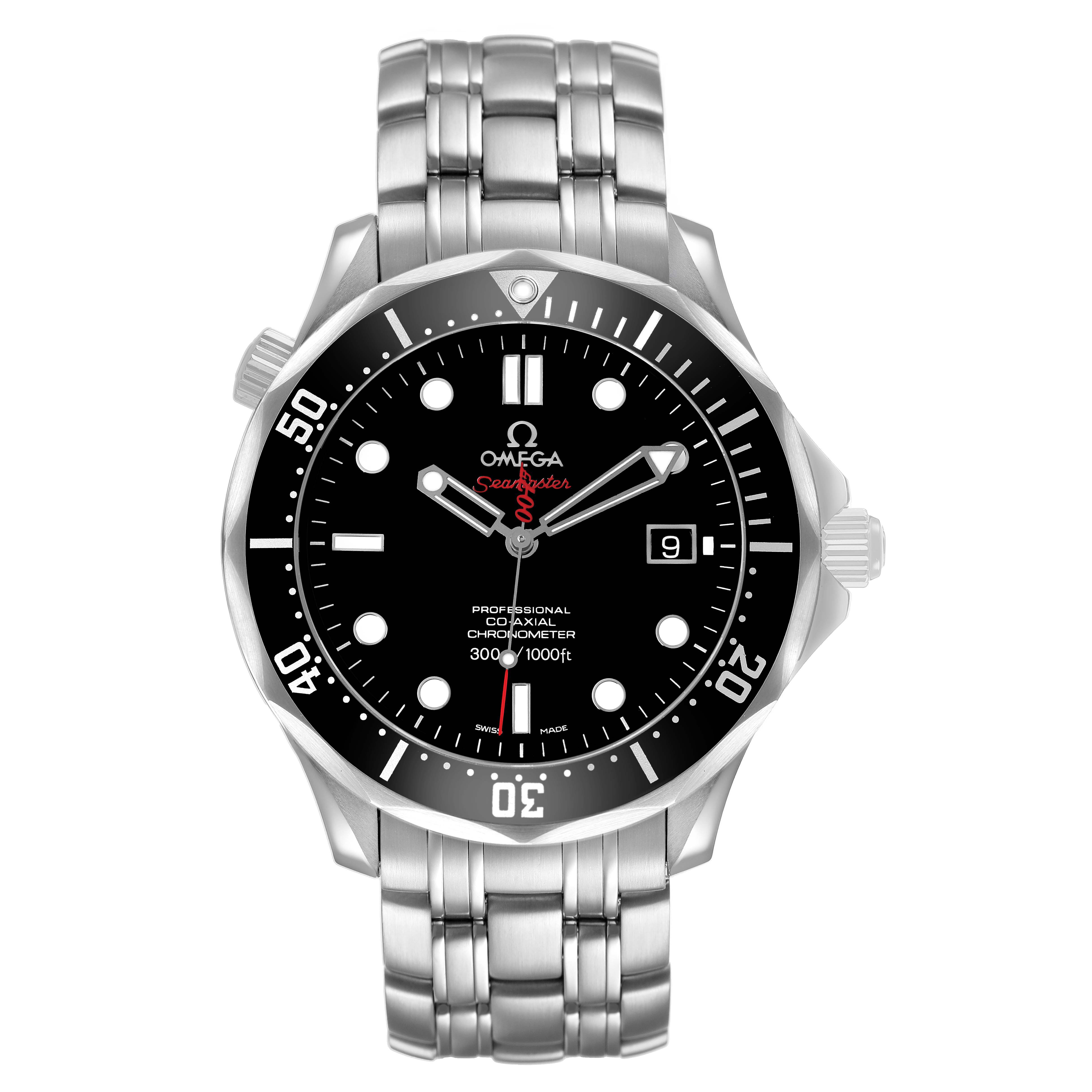 The Omega Seamaster 212.30.41.20.01.001 Men's Stainless Steel Black Dial watch is shown from a front angle, displaying the black dial, bezel, and stainless steel bracelet.