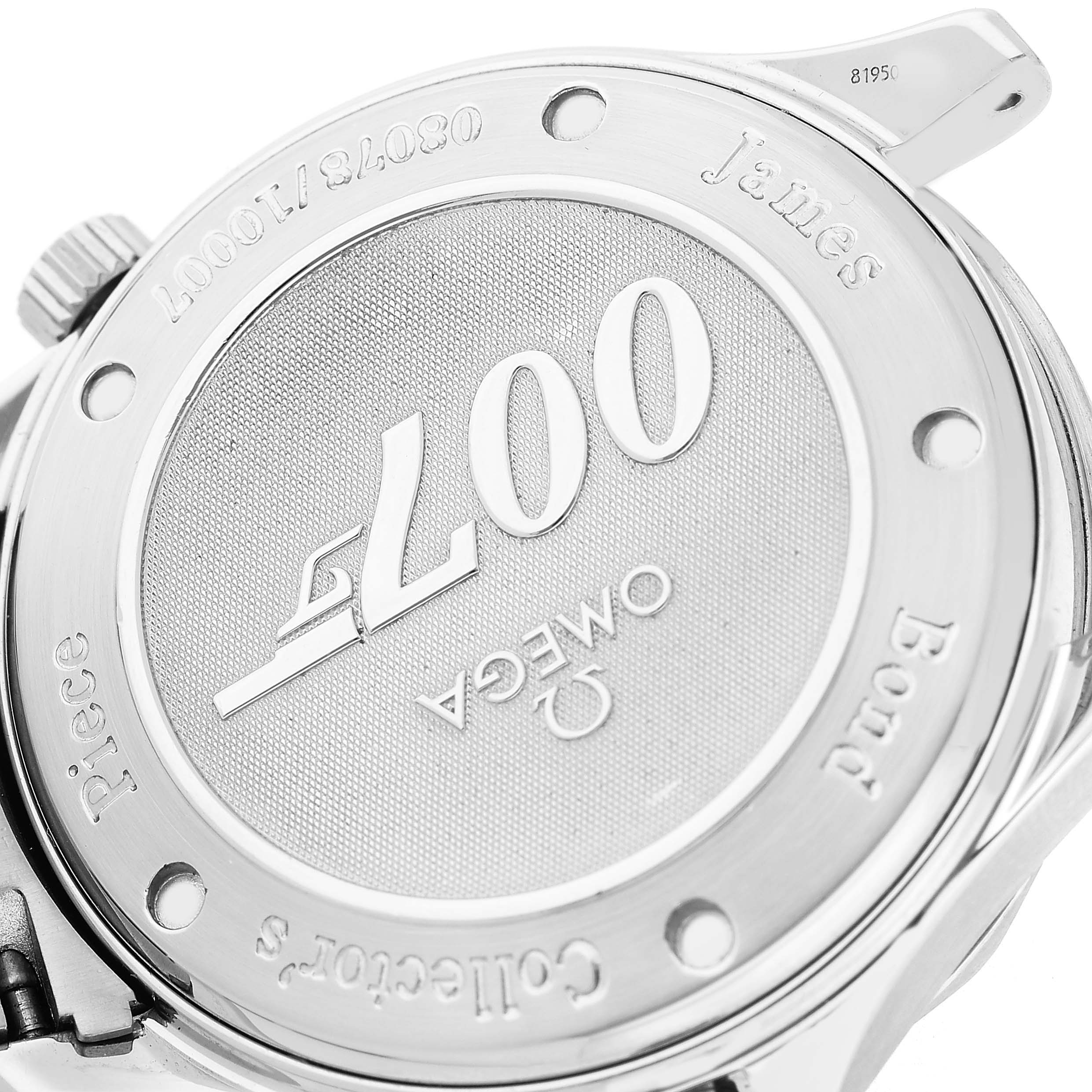 The image shows the case back of an Omega Seamaster 212.30.41.20.01.001 Men's Stainless Steel Black Dial watch, featuring "007" and brand engravings viewed from an angled perspective.