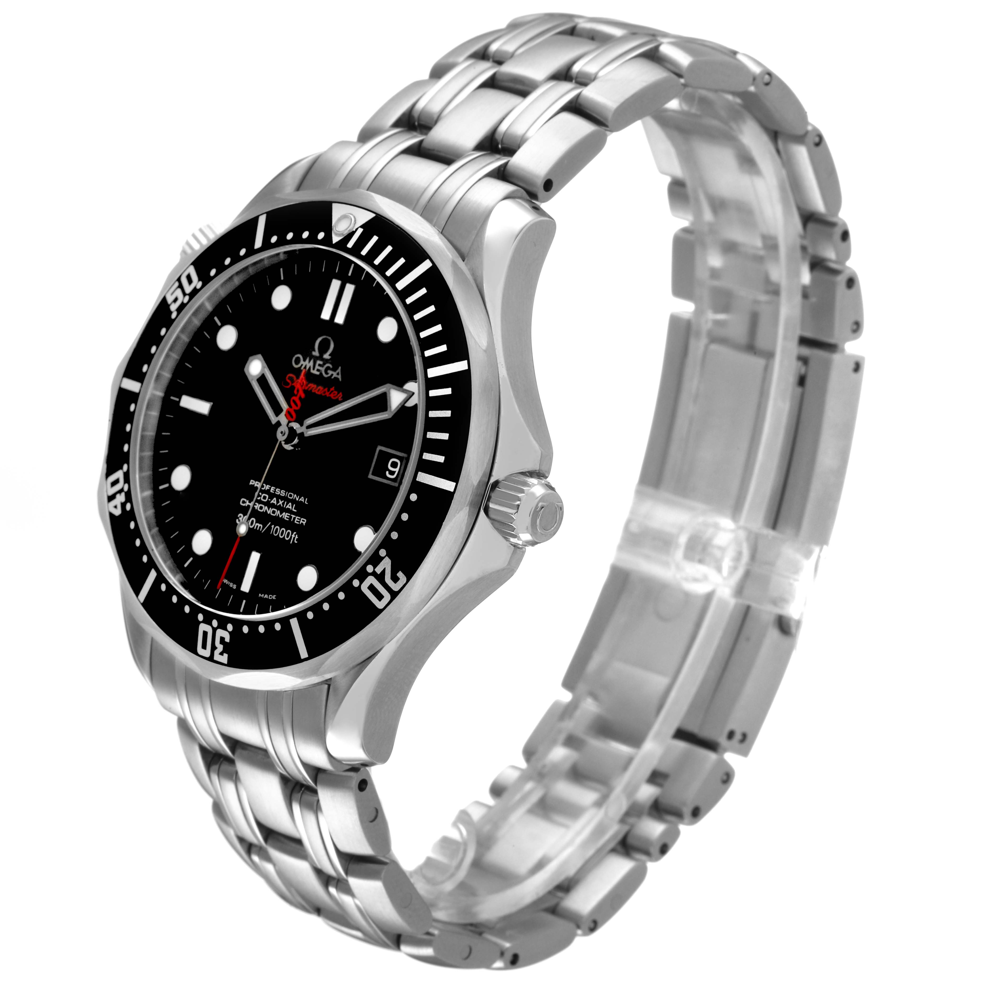 The Omega Seamaster 212.30.41.20.01.001 Men's Stainless Steel Black Dial is shown in a three-quarter view highlighting the watch face, bezel, crown, and metal bracelet.