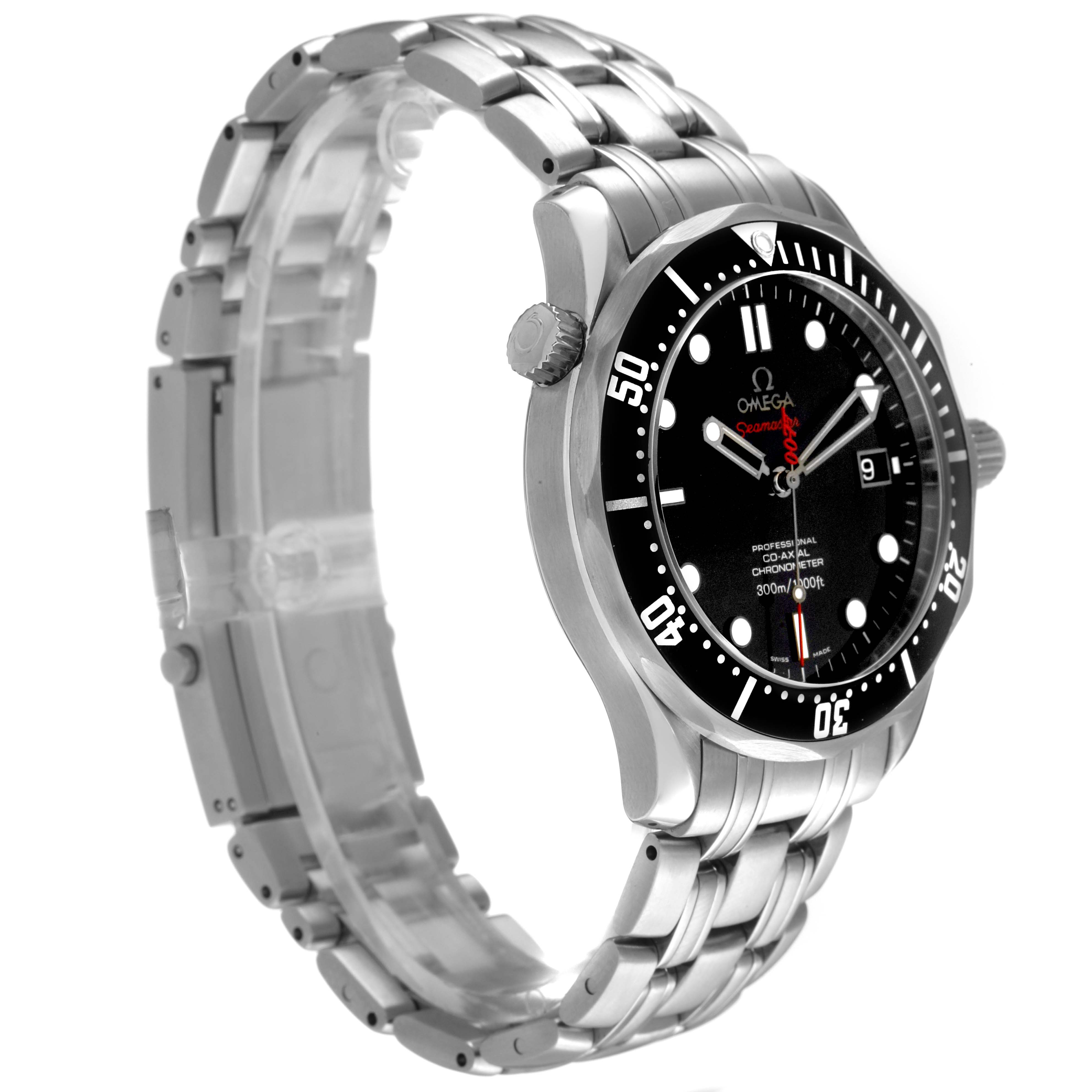 The Omega Seamaster 212.30.41.20.01.001 Men's Stainless Steel Black Dial watch is shown at a slight angle, displaying its round face, bezel, crown, and metal bracelet.