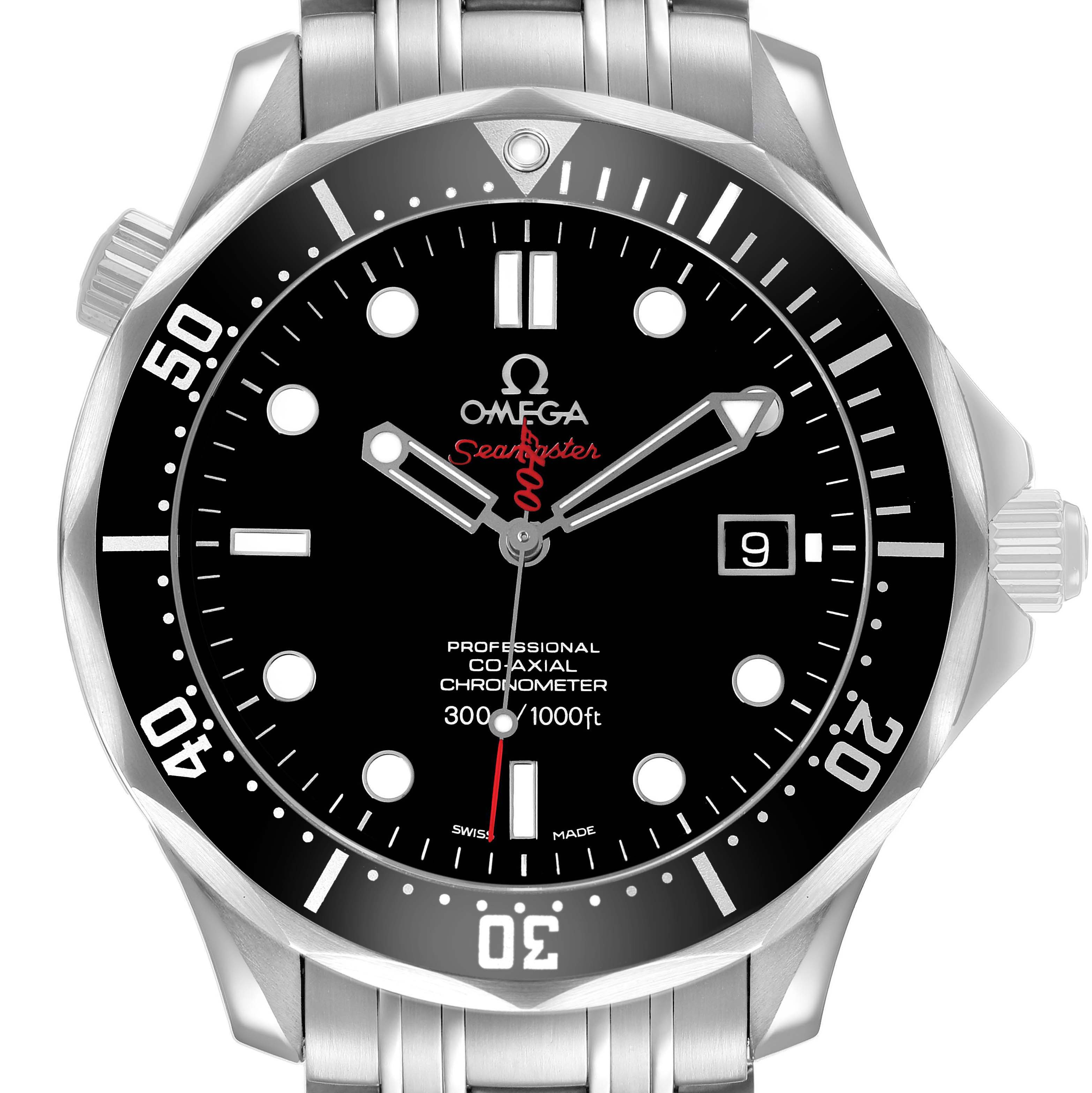The image shows a front view of the Omega Seamaster 212.30.41.20.01.001 Men's Stainless Steel Black Dial, highlighting the face, bezel, and bracelet.