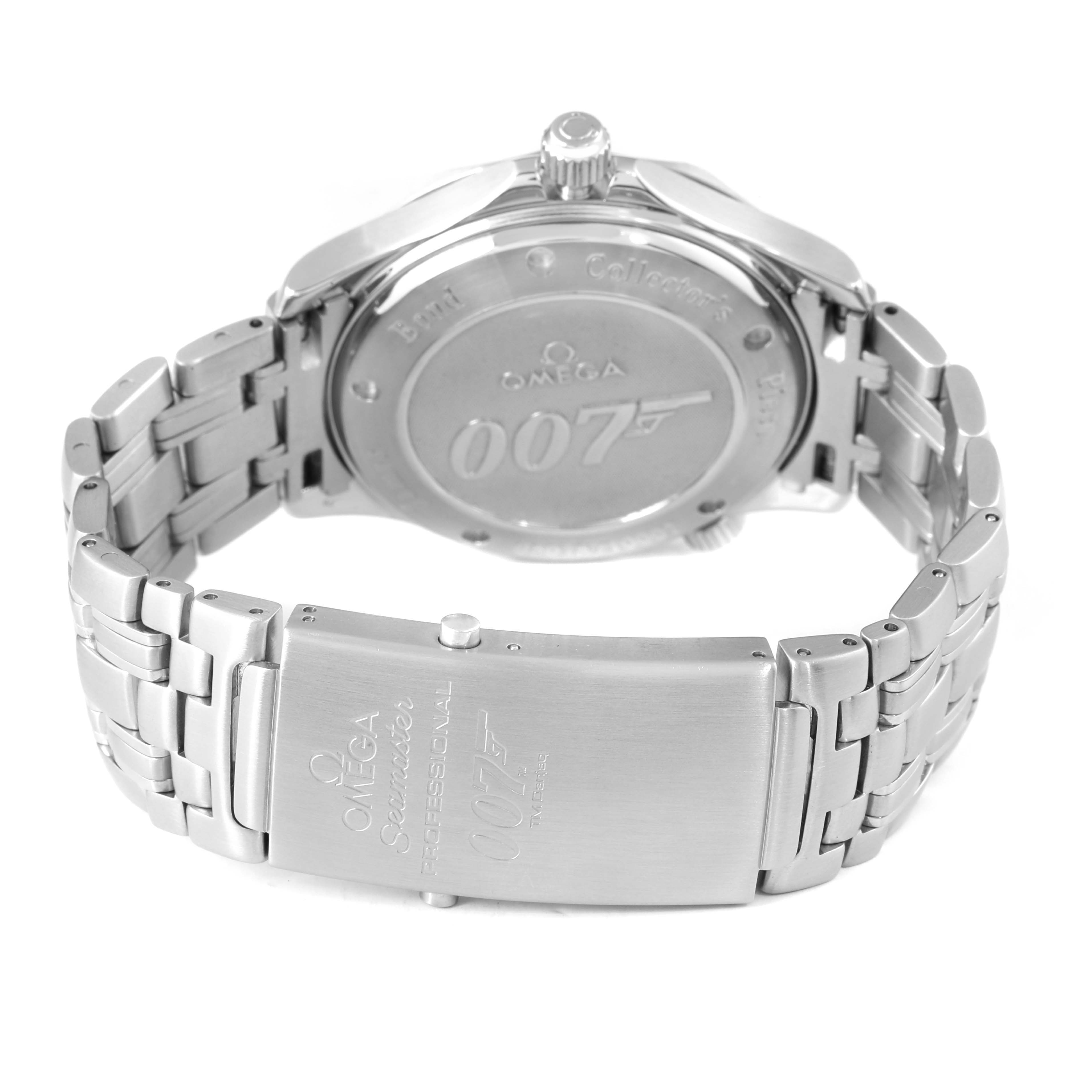 The Omega Seamaster 212.30.41.20.01.001 Men's Stainless Steel Black Dial is shown from the back, highlighting the bracelet, clasp, and case back with "007" engraving.