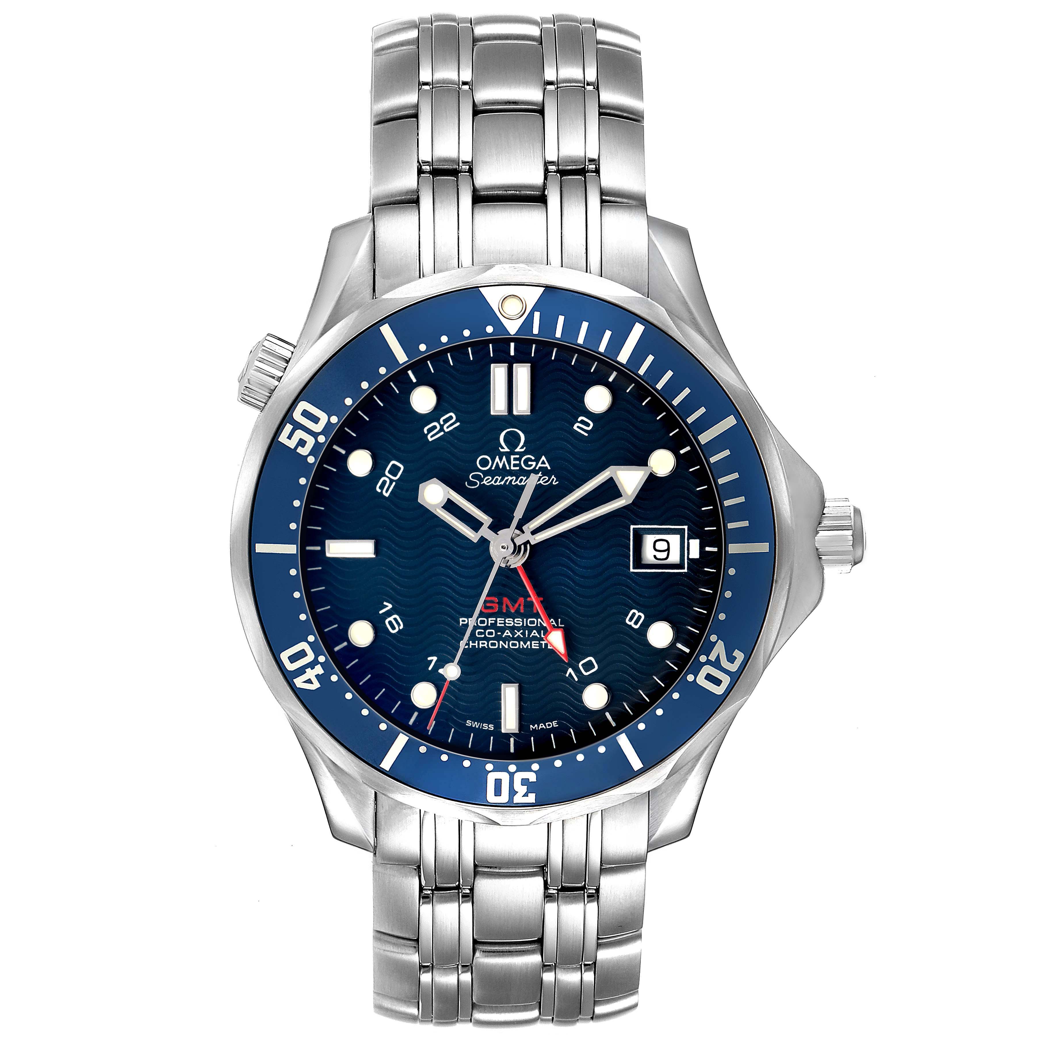 The Omega Seamaster 2535.80.00 Men's Stainless Steel Blue Dial watch is shown from a front angle, displaying its blue dial, bezel, hands, bracelet, and date feature.