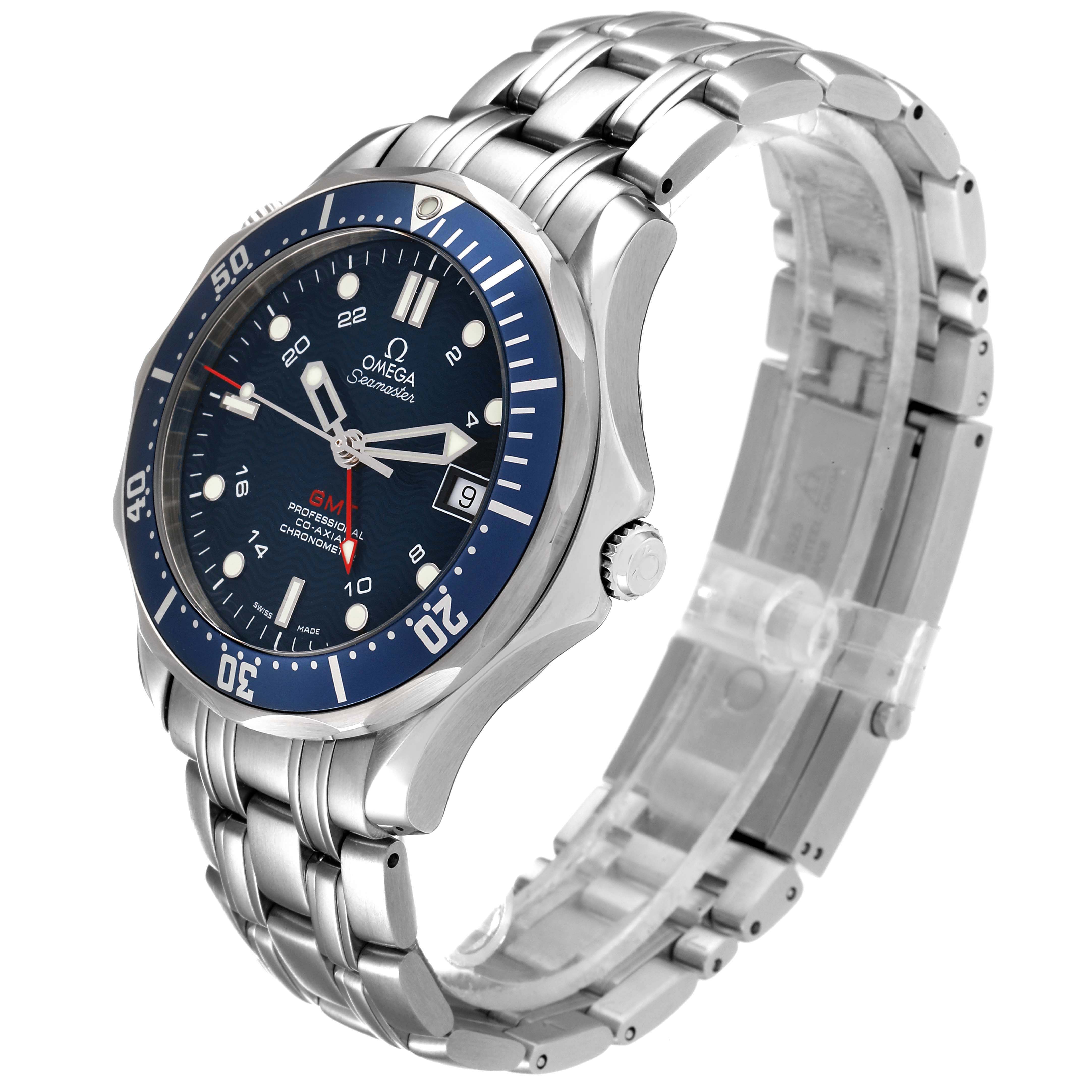 The Omega Seamaster 2535.80.00 Men's Stainless Steel Blue Dial watch is shown at a three-quarter angle, highlighting the dial, bezel, bracelet, and crown.