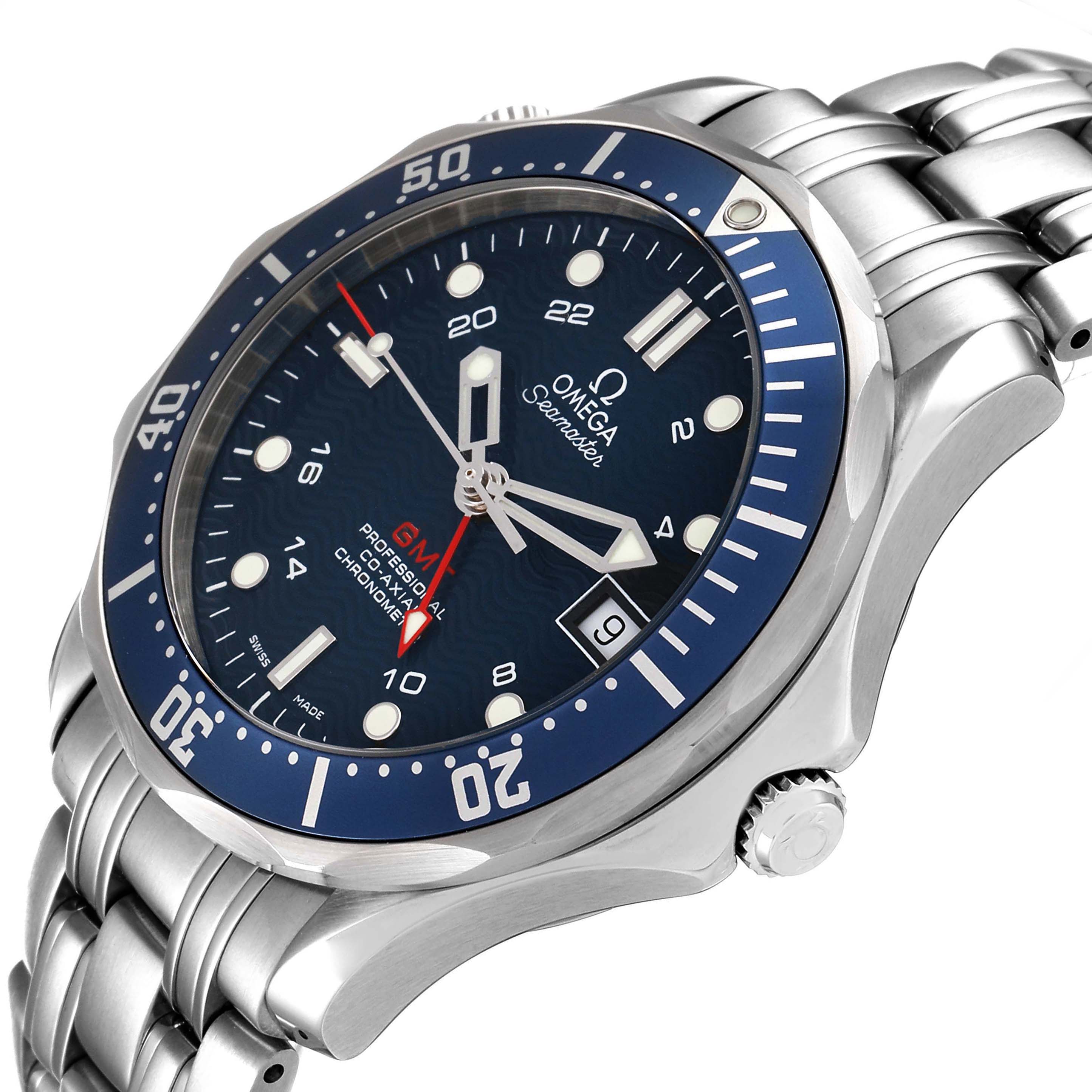 The Omega Seamaster 2535.80.00 Men's Stainless Steel Blue Dial watch is shown at an angled view, highlighting its face, bezel, crown, and bracelet.