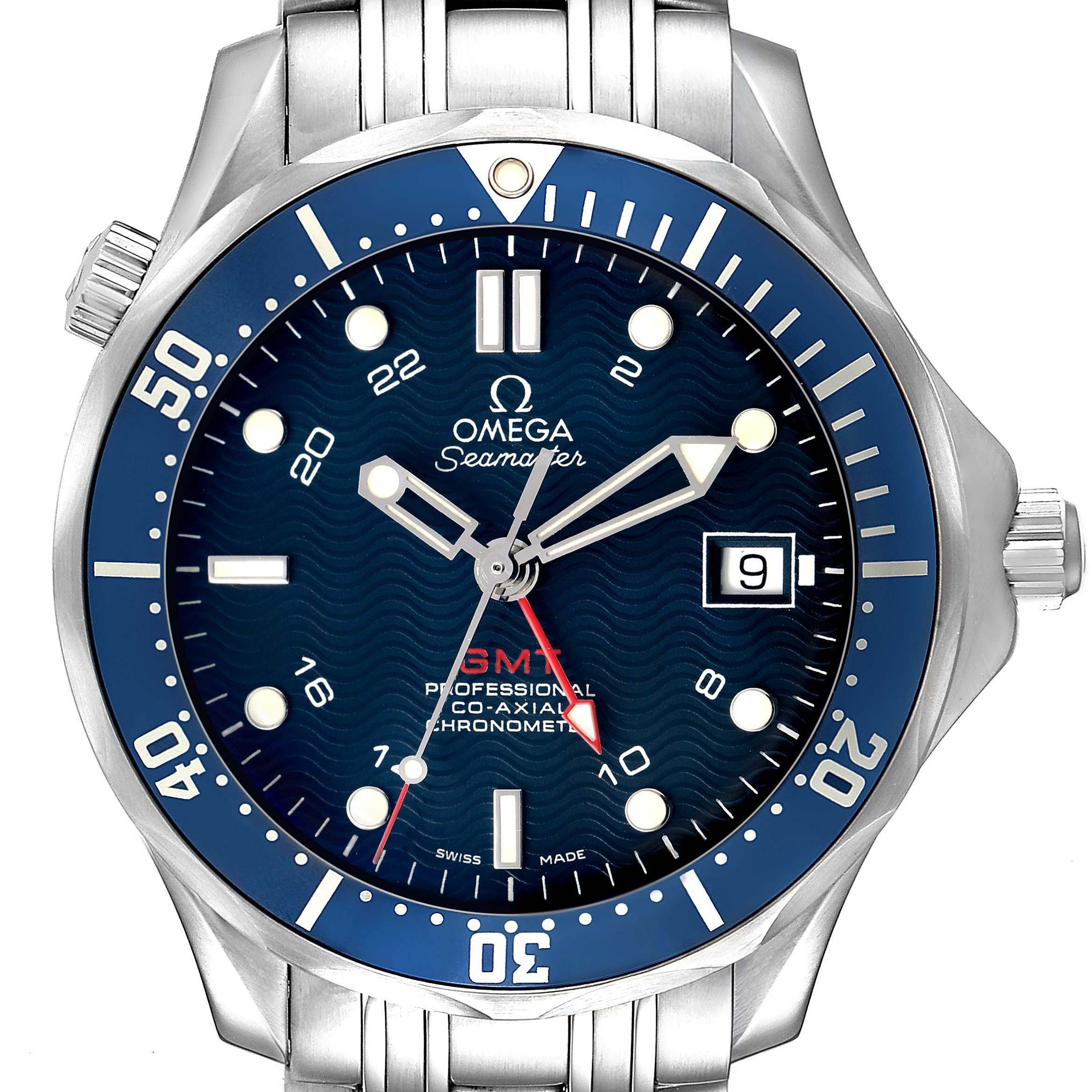The Omega Seamaster 2535.80.00 Men's Stainless Steel Blue Dial watch is shown from the front, highlighting the blue dial, bezel, and stainless steel bracelet.
