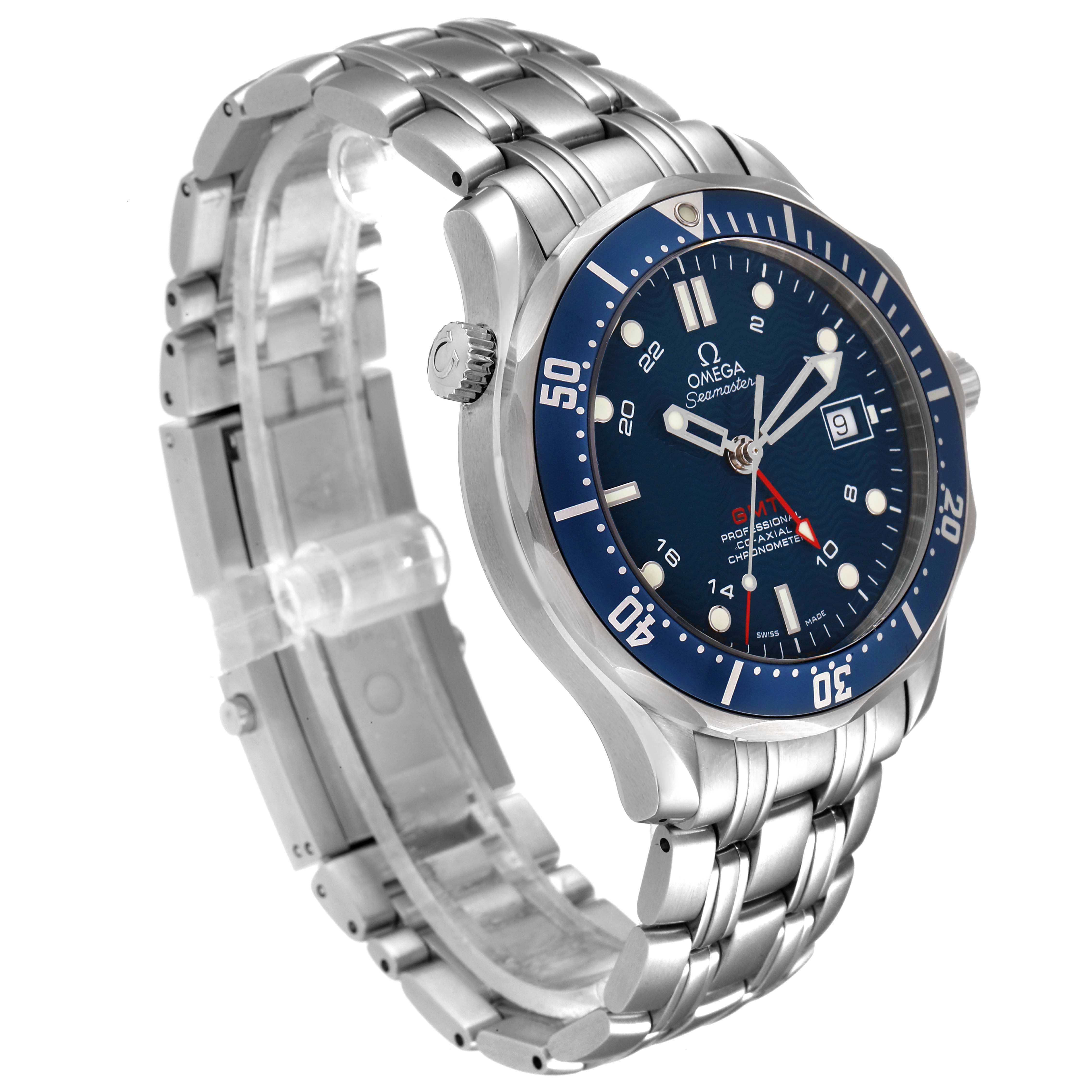 The Omega Seamaster 2535.80.00 Men's Stainless Steel Blue Dial watch is shown at a three-quarter angle, highlighting the dial, bezel, case, and part of the bracelet.