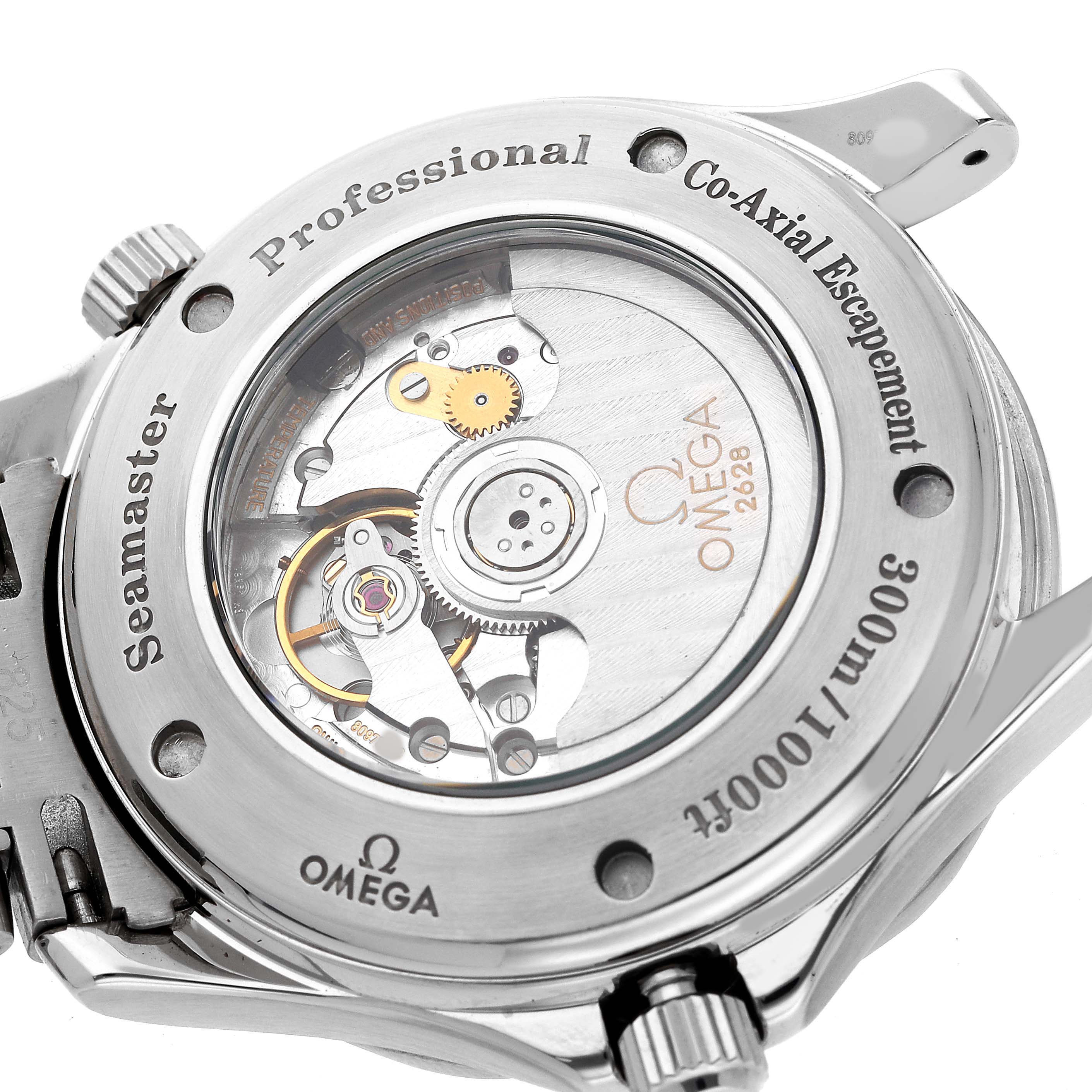 The image shows the back of the Omega Seamaster 2535.80.00 Men's Stainless Steel Blue Dial, highlighting the Co-Axial escapement and movement mechanism.