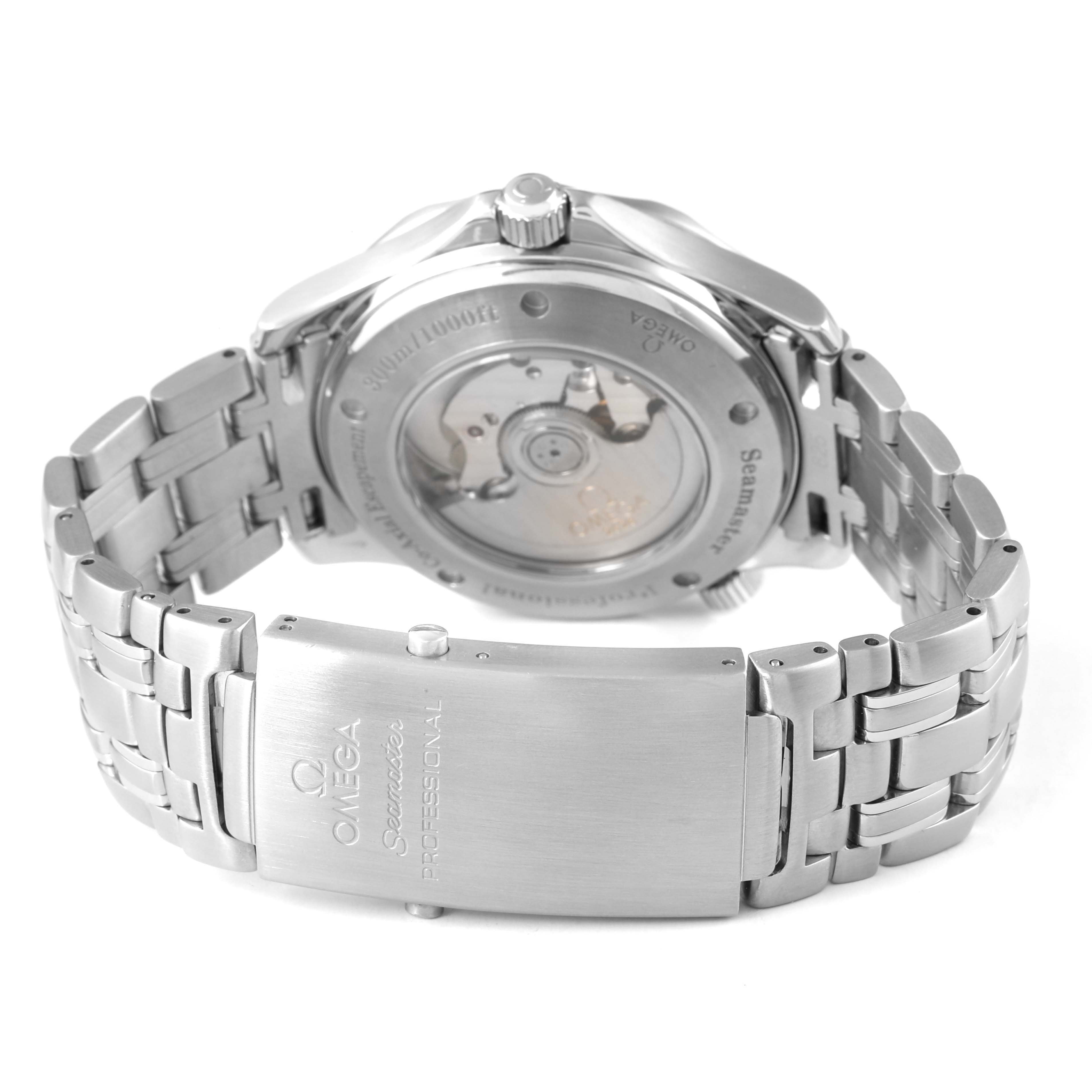 The Omega Seamaster 2535.80.00 Men's Stainless Steel Blue Dial is shown from the back, highlighting its transparent case back and bracelet clasp.