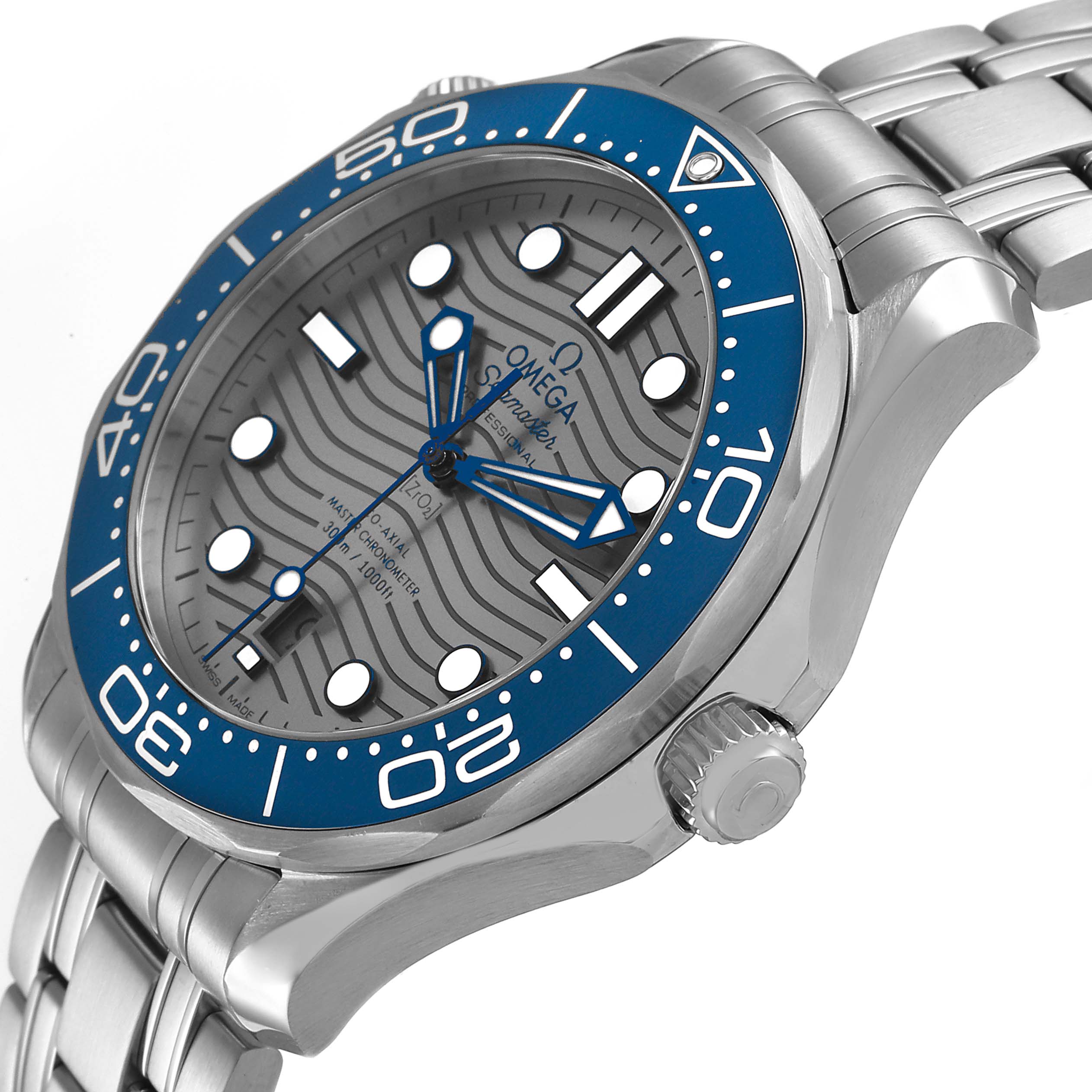 The Omega Seamaster 210.30.42.20.06.001 Men's Stainless Steel Grey Dial watch is shown from a side angle, highlighting the dial, bezel, crown, and part of the bracelet.