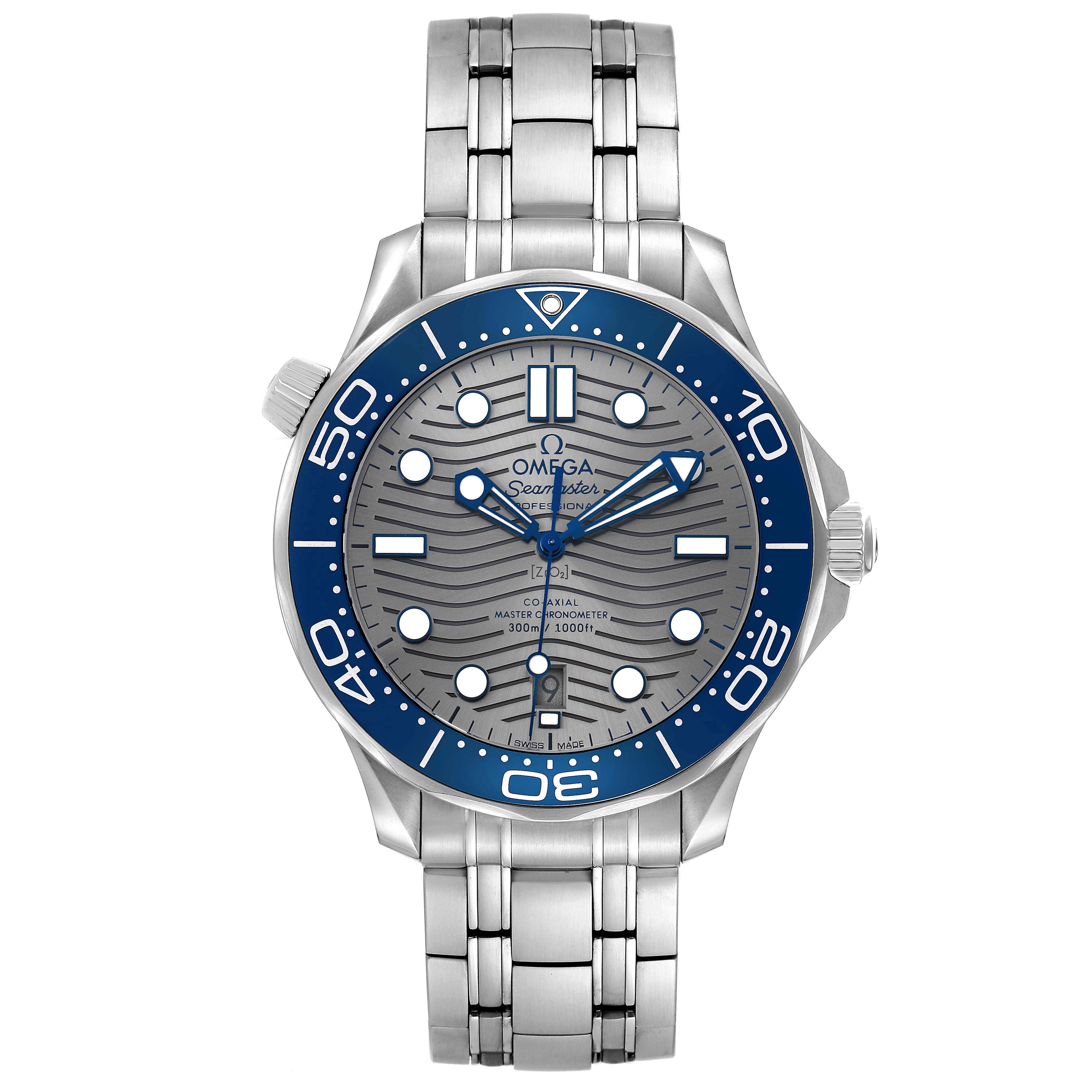 The Omega Seamaster 210.30.42.20.06.001 Men's Stainless Steel Grey Dial watch is shown from the front, displaying the dial, bezel, crown, and bracelet.