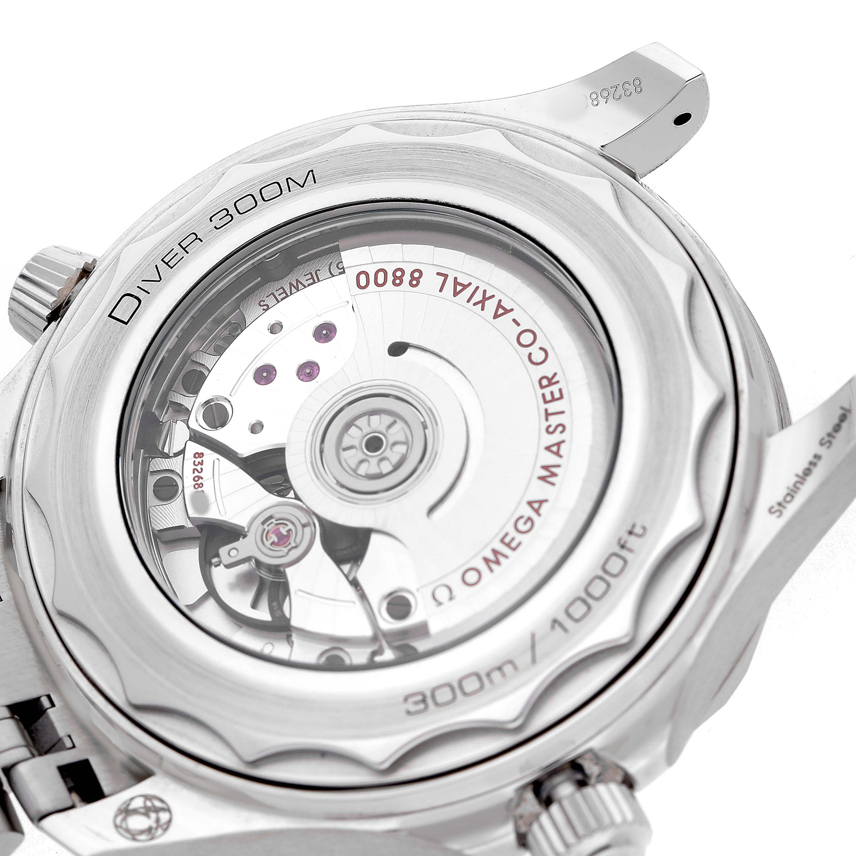 The image shows the back view of an Omega Seamaster 210.30.42.20.06.001 Men's Stainless Steel Grey Dial, highlighting its visible movement and co-axial master chronometer features.