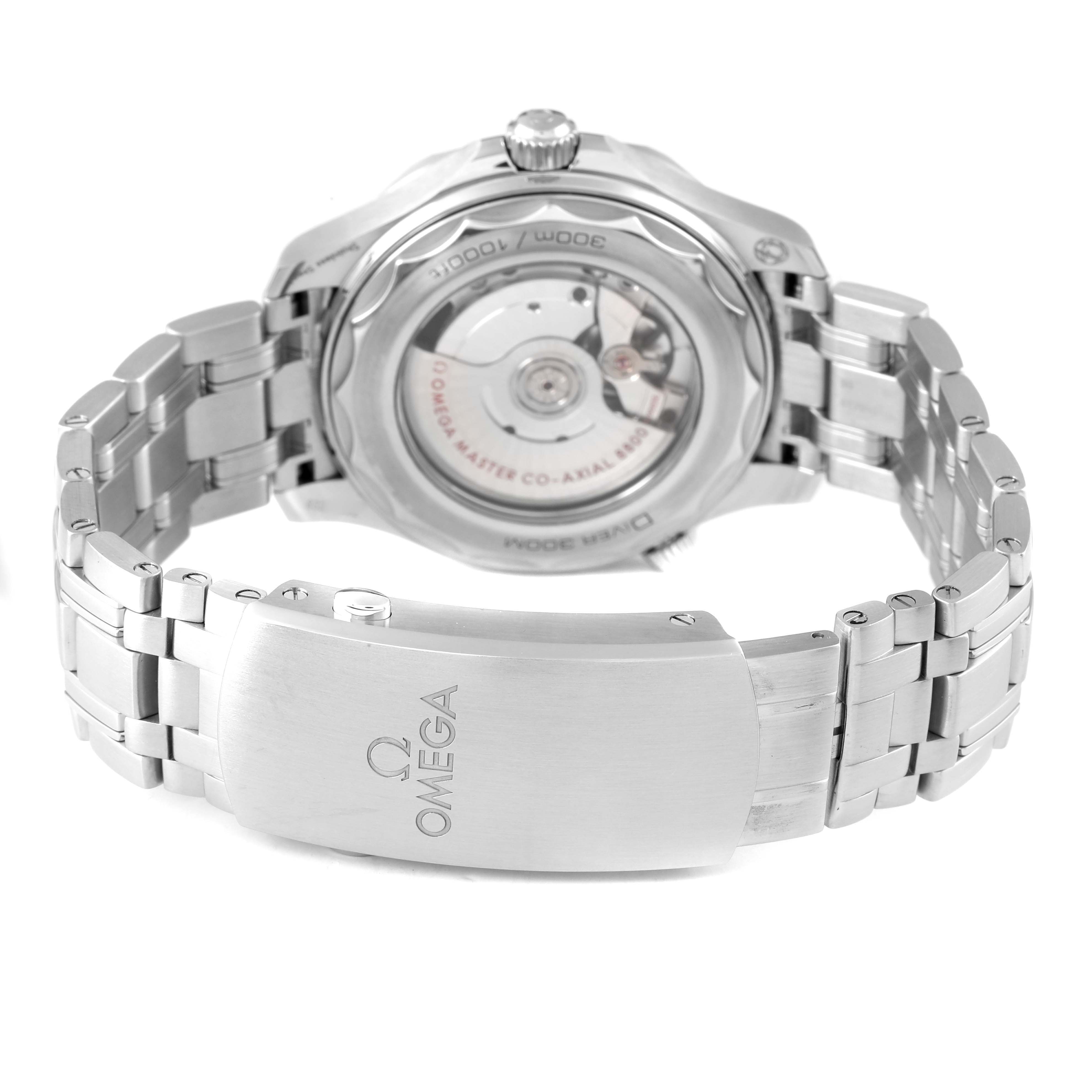 The image shows the back view of an Omega Seamaster 210.30.42.20.06.001 Men's Stainless Steel Grey Dial, featuring its transparent case back and metal bracelet with the Omega logo.