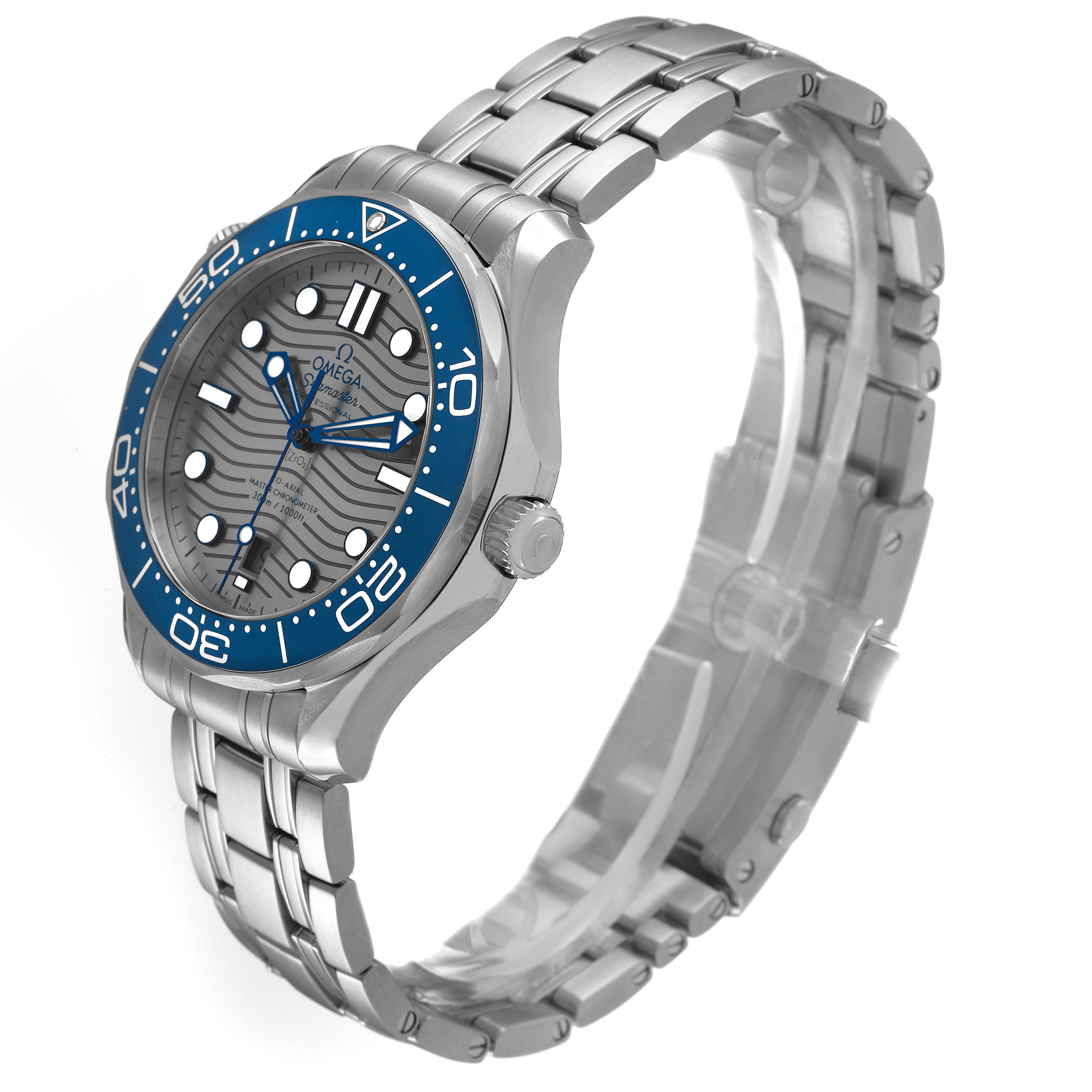 The Omega Seamaster 210.30.42.20.06.001 Men's Stainless Steel Grey Dial watch is shown at a three-quarter angle, highlighting the face, bezel, case, crown, and bracelet.