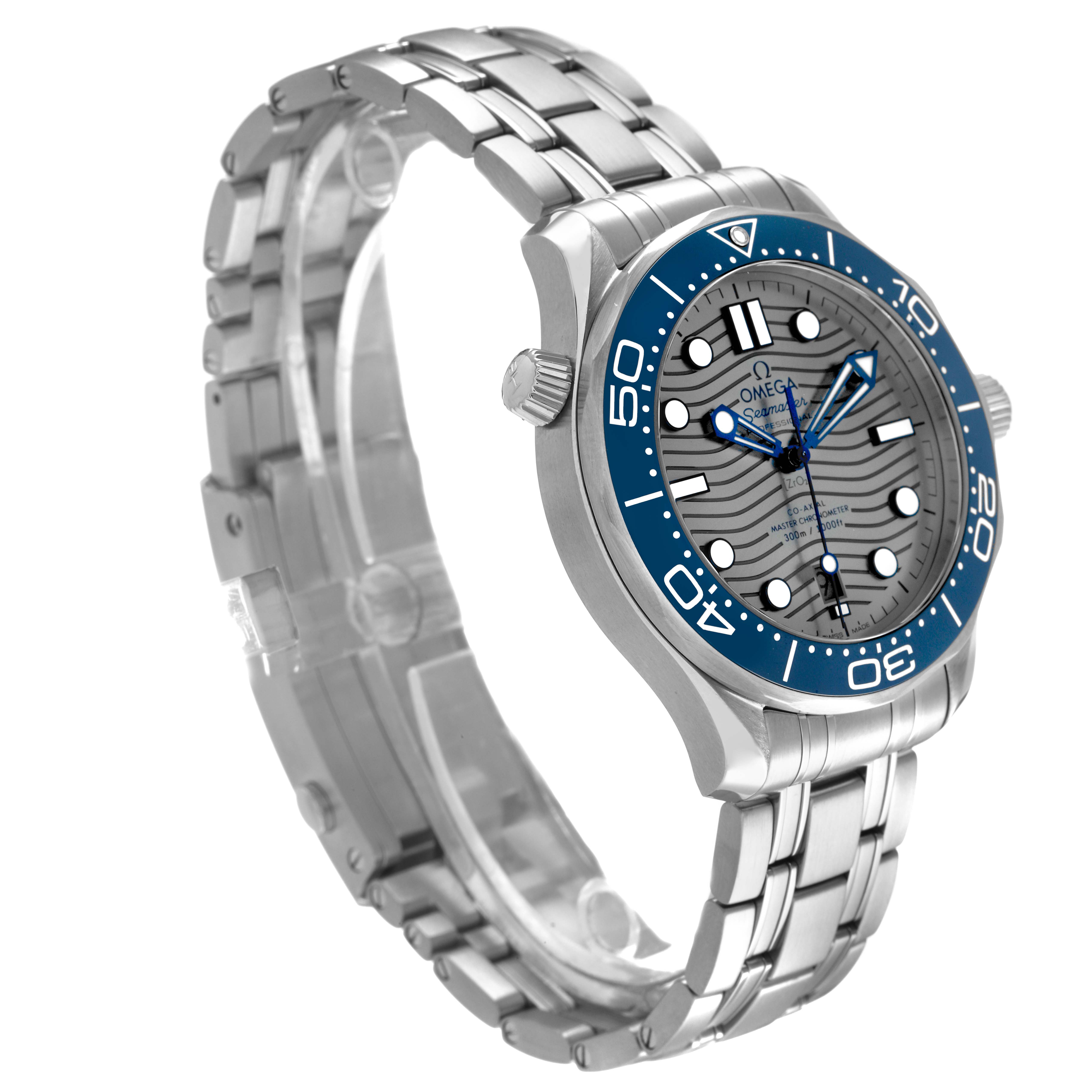 The Omega Seamaster 210.30.42.20.06.001 Men's Stainless Steel Grey Dial watch is shown from a slightly angled side view, displaying the dial, bezel, crown, case, and bracelet.