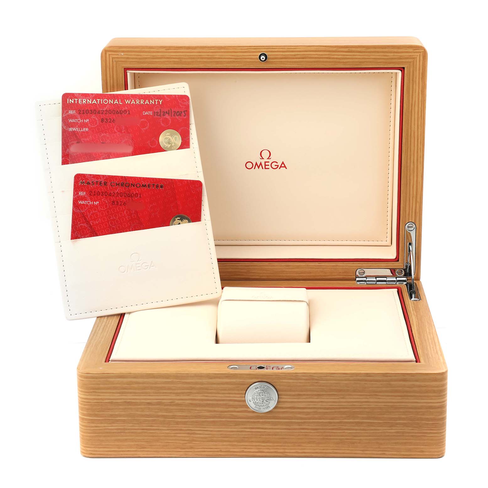 The image shows the Omega Seamaster 210.30.42.20.06.001 Men's Stainless Steel Grey Dial's open wooden box, with warranty cards and no watch inside.