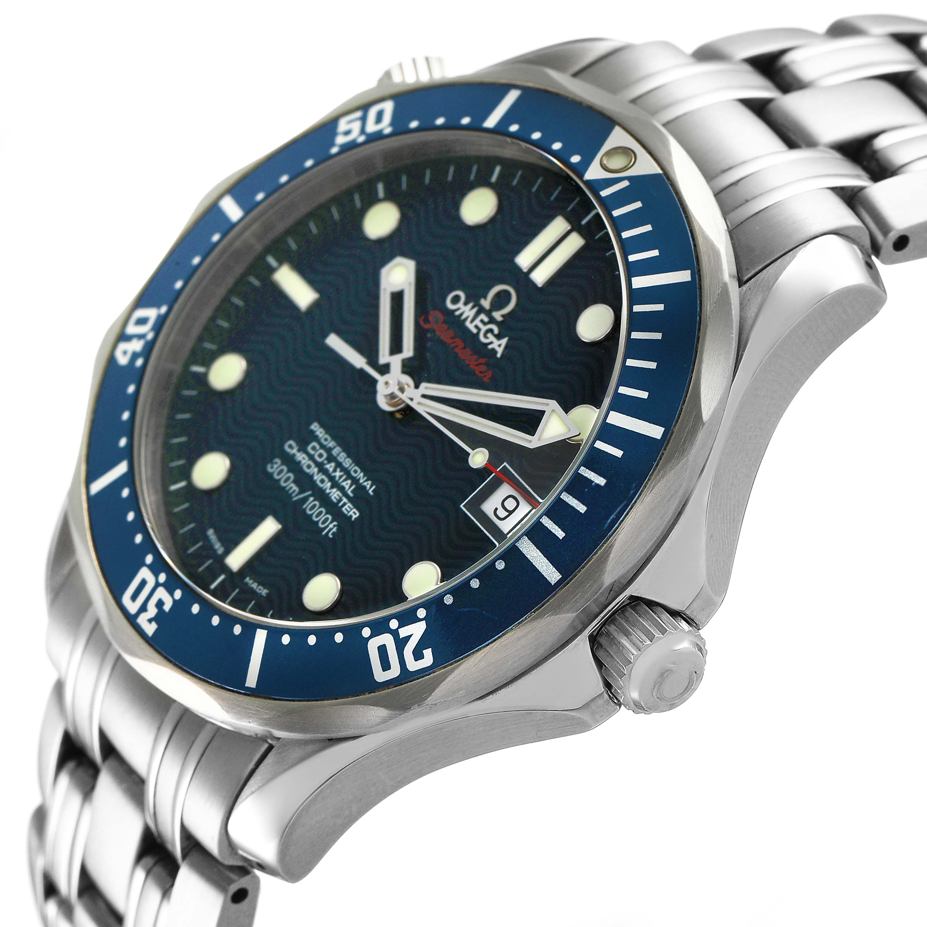 The Omega Seamaster 2220.80.00 Men's Stainless Steel Blue Dial watch is shown at a side angle, displaying its blue bezel, dial, crown, and metal bracelet.