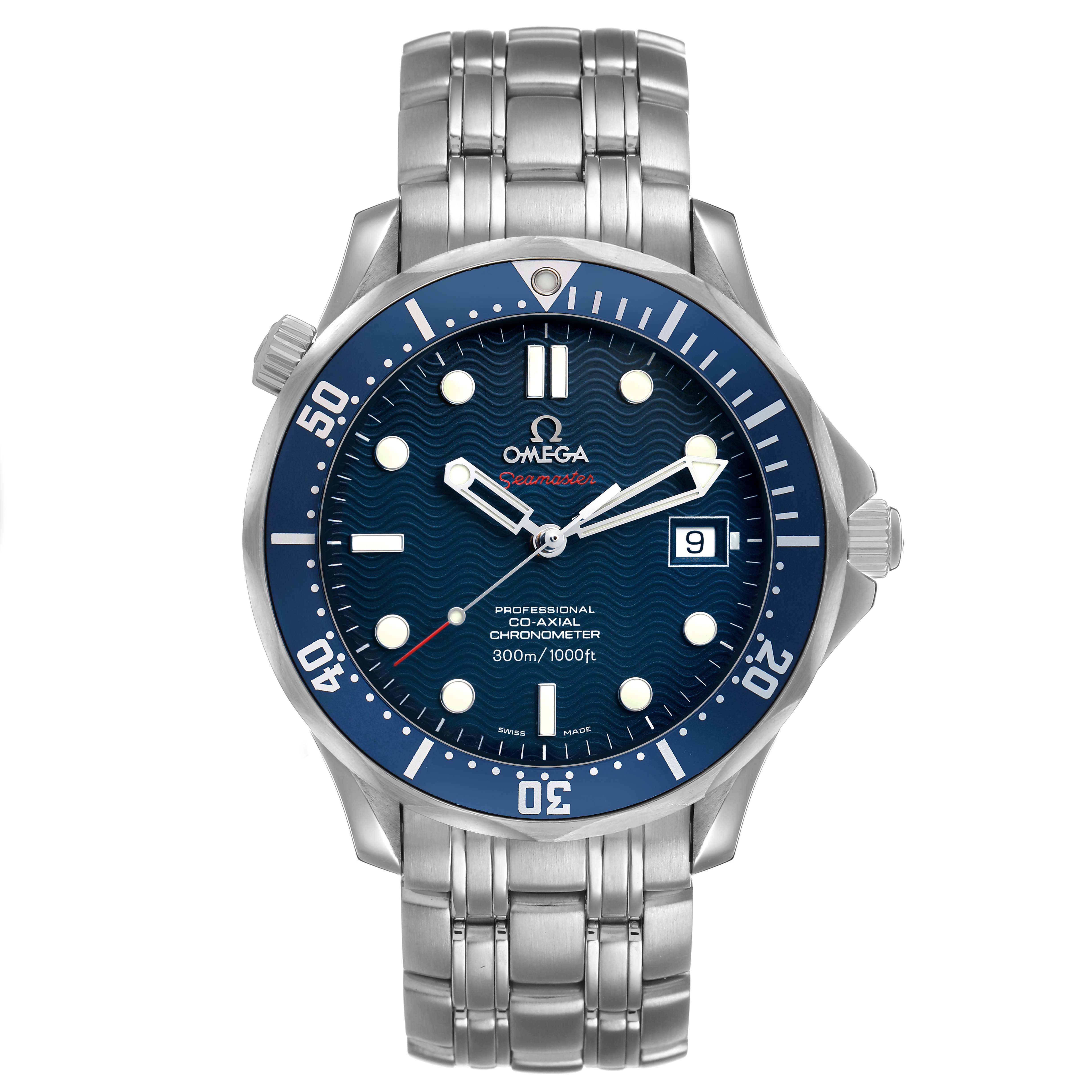 The Omega Seamaster 2220.80.00 Men's Stainless Steel Blue Dial watch is shown from a front angle, displaying the face, bezel, and bracelet clearly.