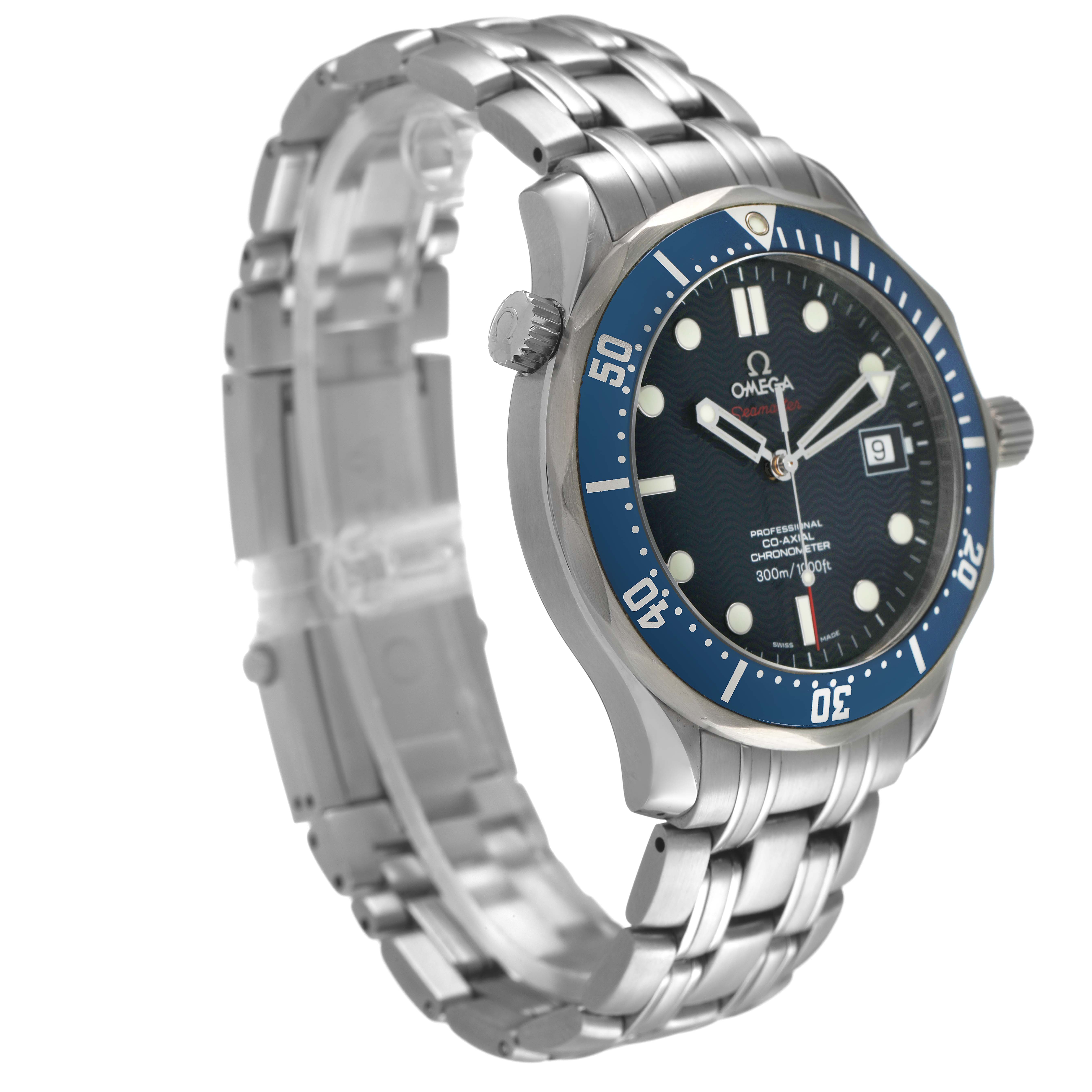 The Omega Seamaster 2220.80.00 Men's Stainless Steel Blue Dial watch is shown at a three-quarter angle, highlighting the bezel, face, and metal bracelet.