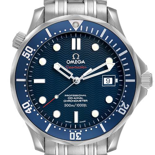 The image shows a front view of the Omega Seamaster 2220.80.00 Men's Stainless Steel Blue Dial, displaying the dial, bezel, and bracelet.