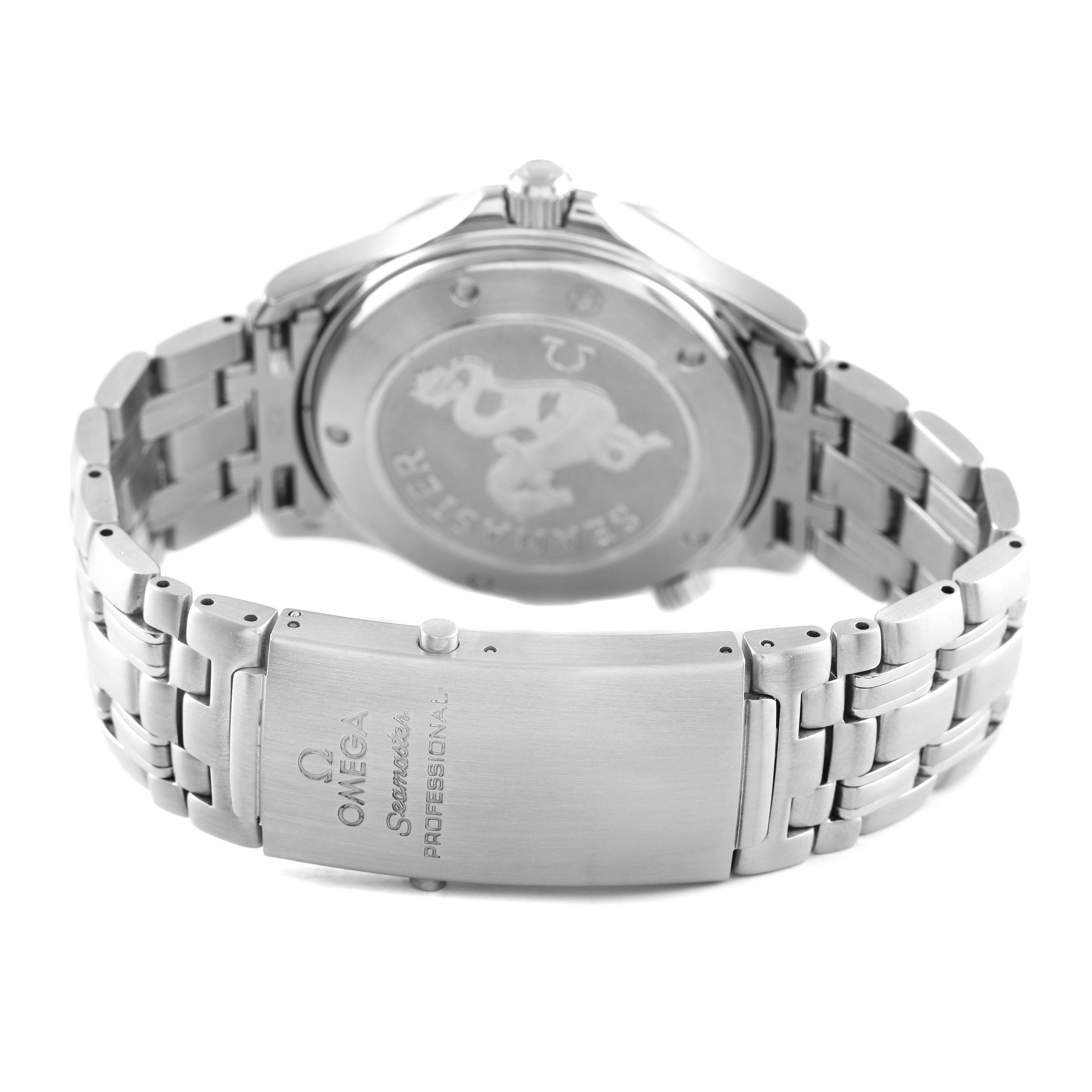 The image shows the back of the Omega Seamaster 2220.80.00 Men's Stainless Steel Blue Dial watch, highlighting the clasp and case back with engraving.