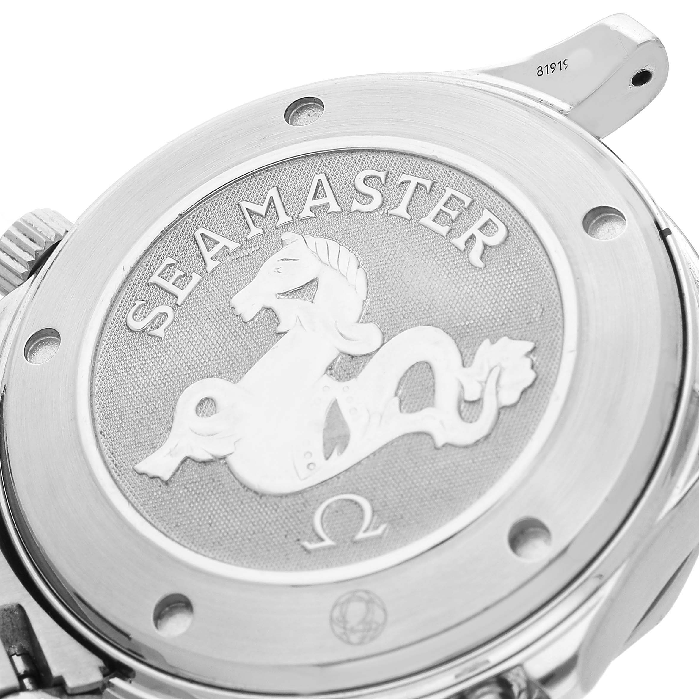 The image shows the case back of an Omega Seamaster 2220.80.00 Men's Stainless Steel Blue Dial watch, featuring its engraved logo and decorative emblem.