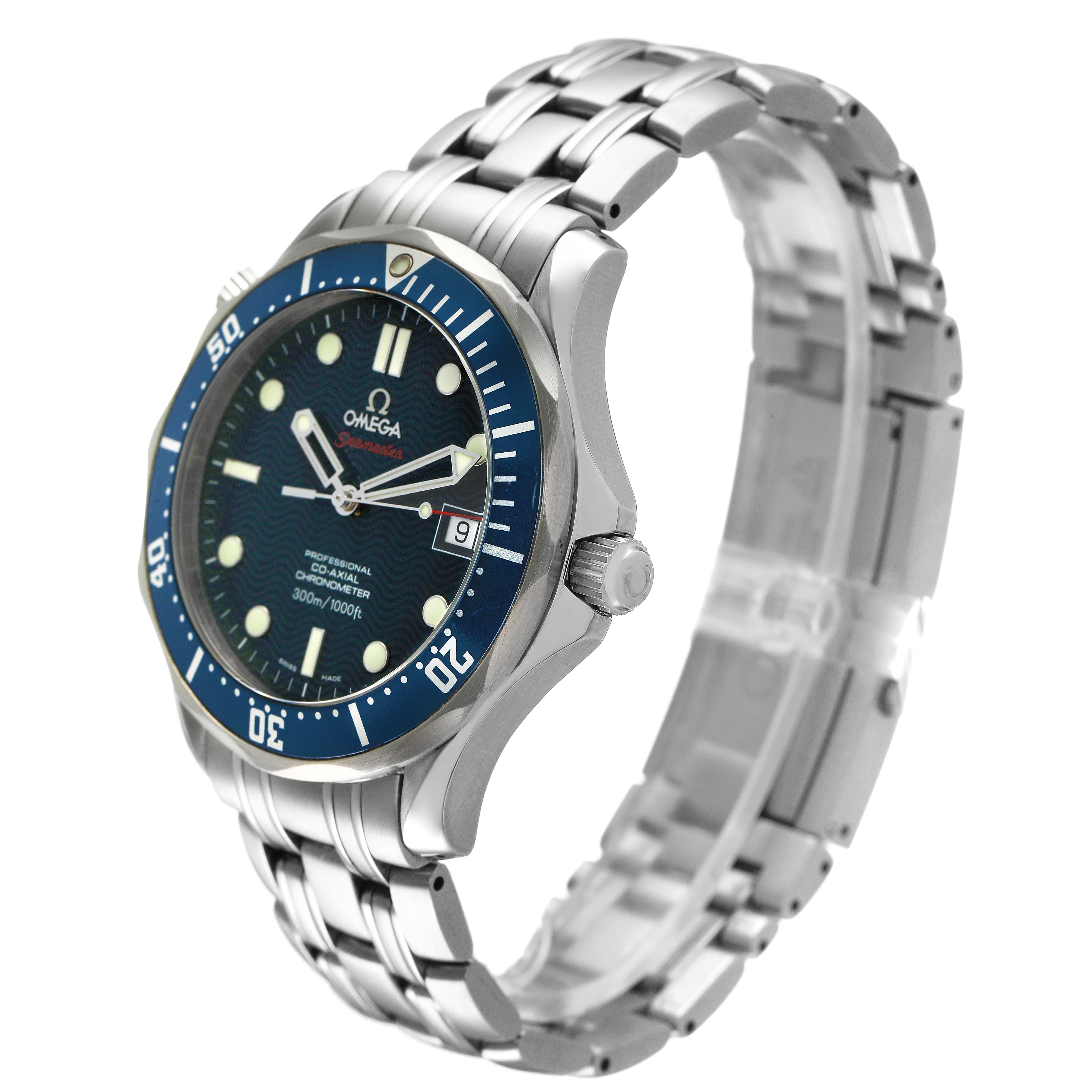 The Omega Seamaster 2220.80.00 Men's Stainless Steel Blue Dial watch is shown from a three-quarter angle, highlighting the face, bezel, crown, and bracelet.