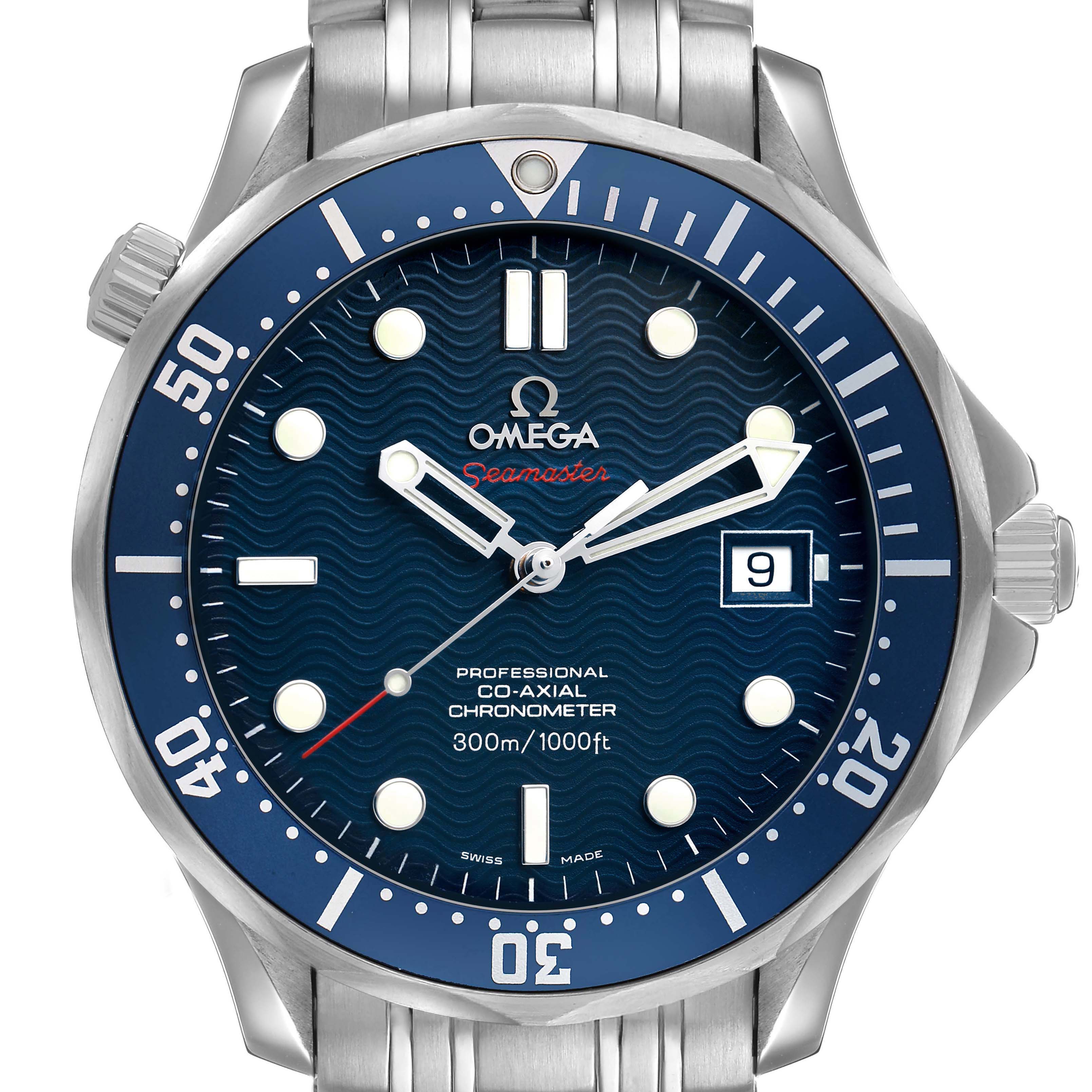 The Omega Seamaster 2220.80.00 Men's Stainless Steel Blue Dial watch is shown from a front angle, displaying the dial, bezel, bracelet, and crown.