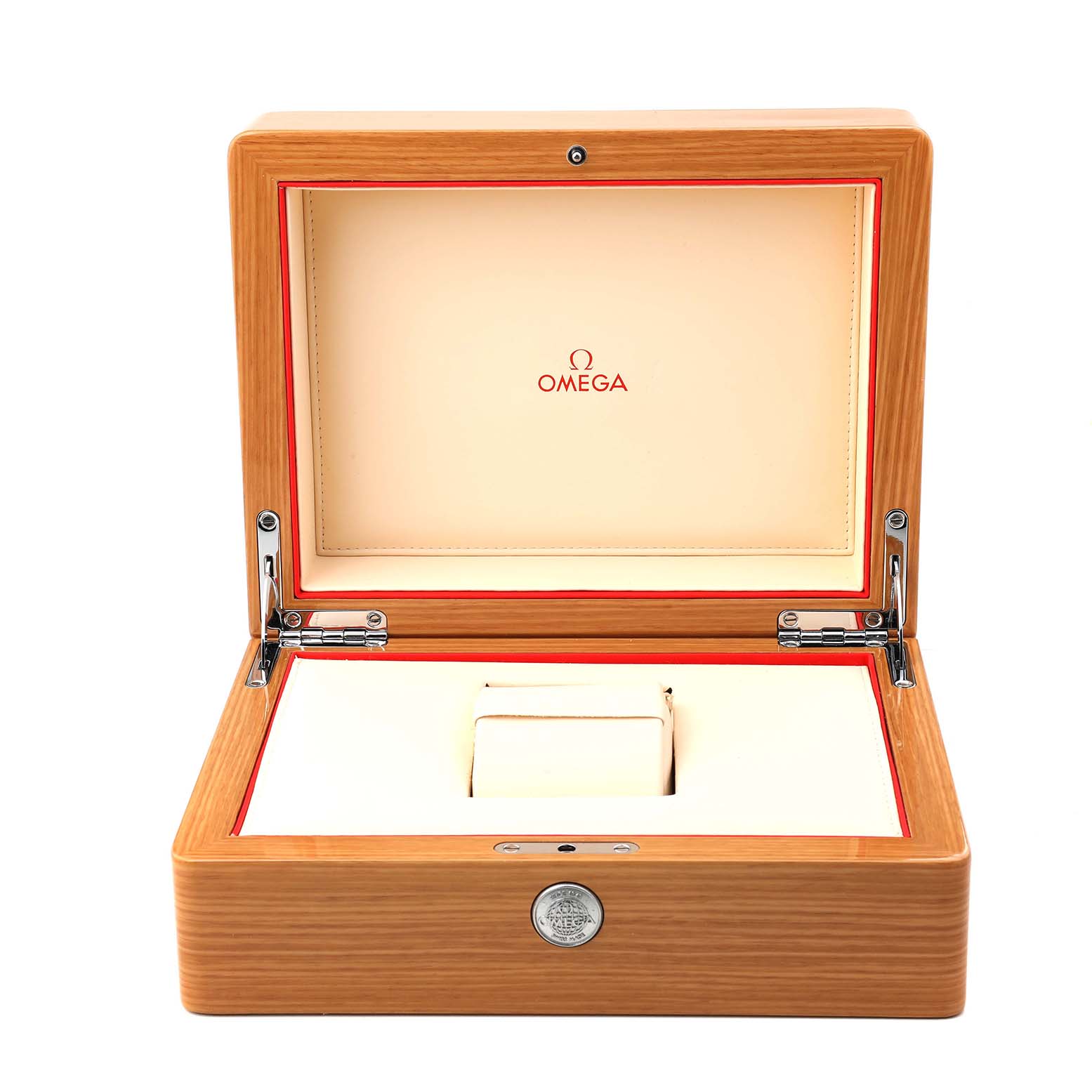 The image shows an open presentation box for an Omega Seamaster 212.30.41.20.03.001 Men's Stainless Steel Blue Dial watch, with cream interior and wooden exterior.