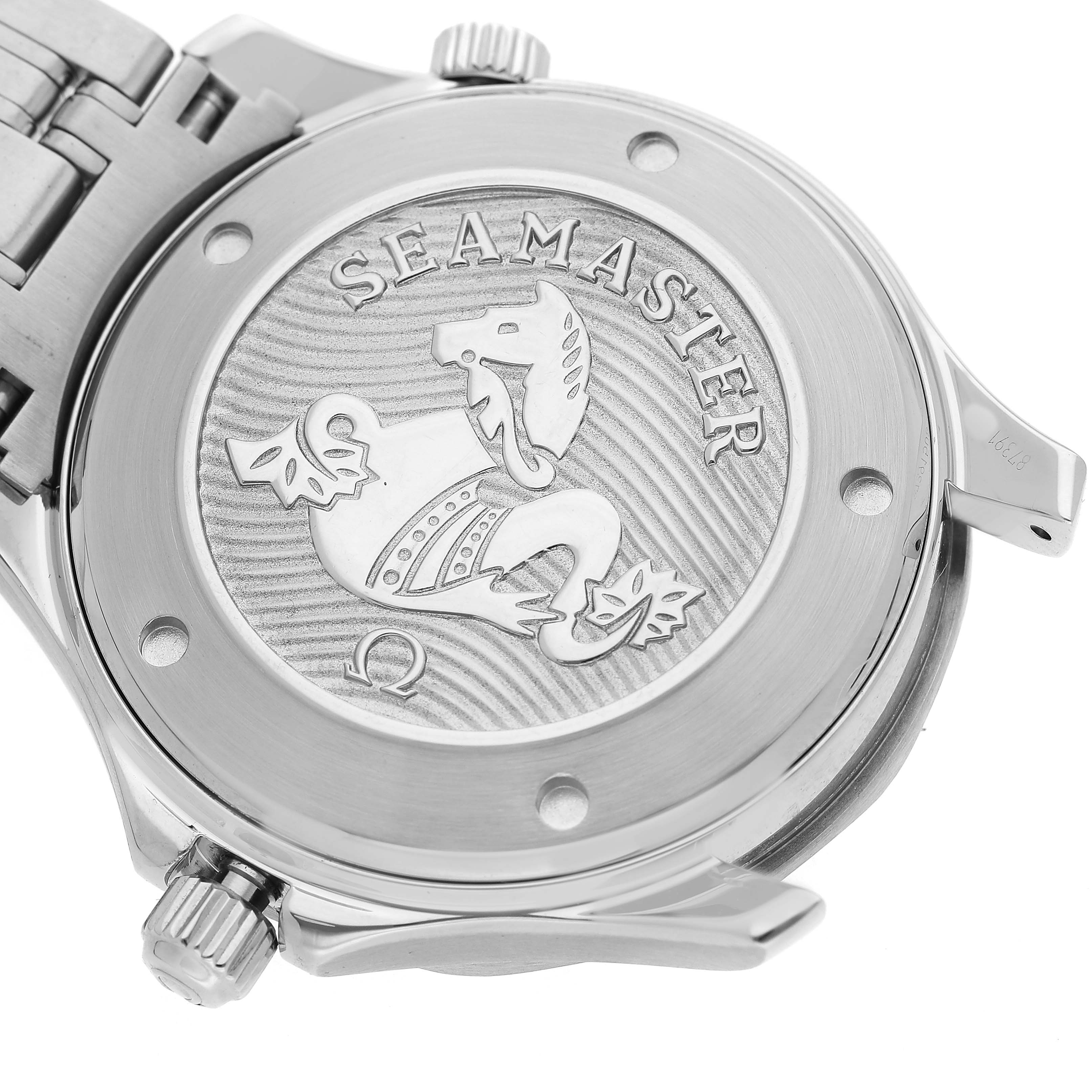 The image shows the case back of an Omega Seamaster 212.30.41.20.03.001 Men's Stainless Steel Blue Dial, highlighting the engraved logo and screw details.