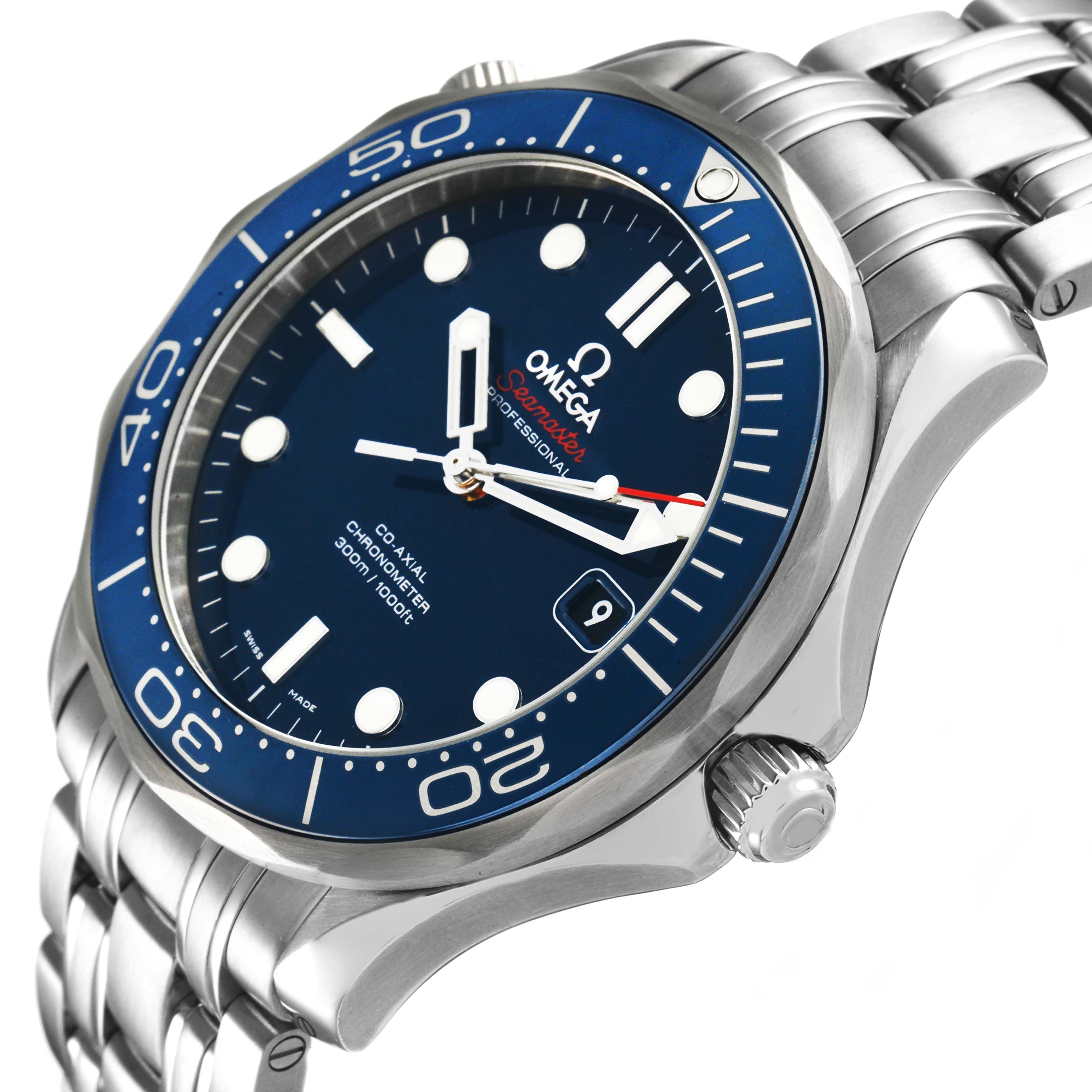 The Omega Seamaster 212.30.41.20.03.001 Men's Stainless Steel Blue Dial watch is angled to show the face, bezel, and bracelet with a focus on the crown and date window.