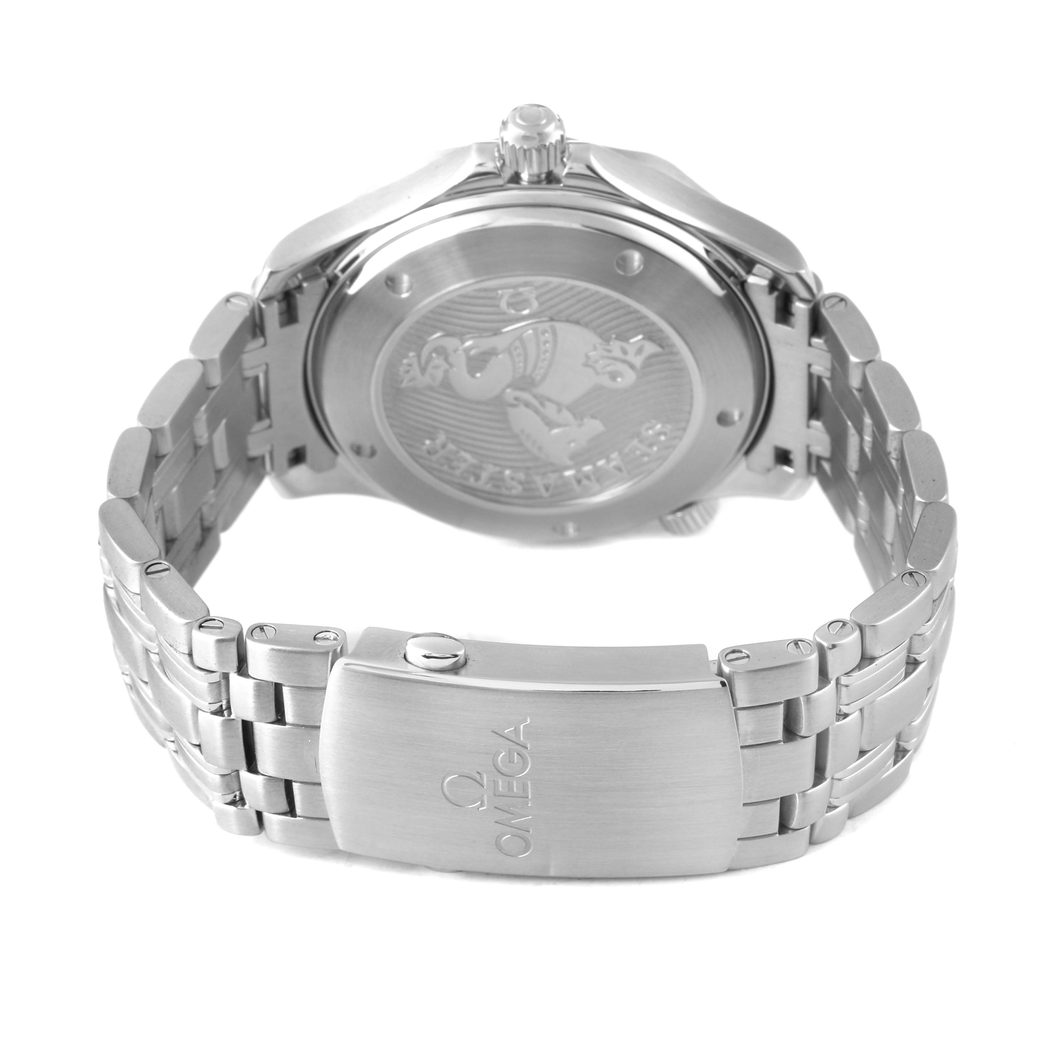 The image shows the back of an Omega Seamaster 212.30.41.20.03.001 Men's Stainless Steel Blue Dial watch with its case back and stainless steel bracelet clasp visible.