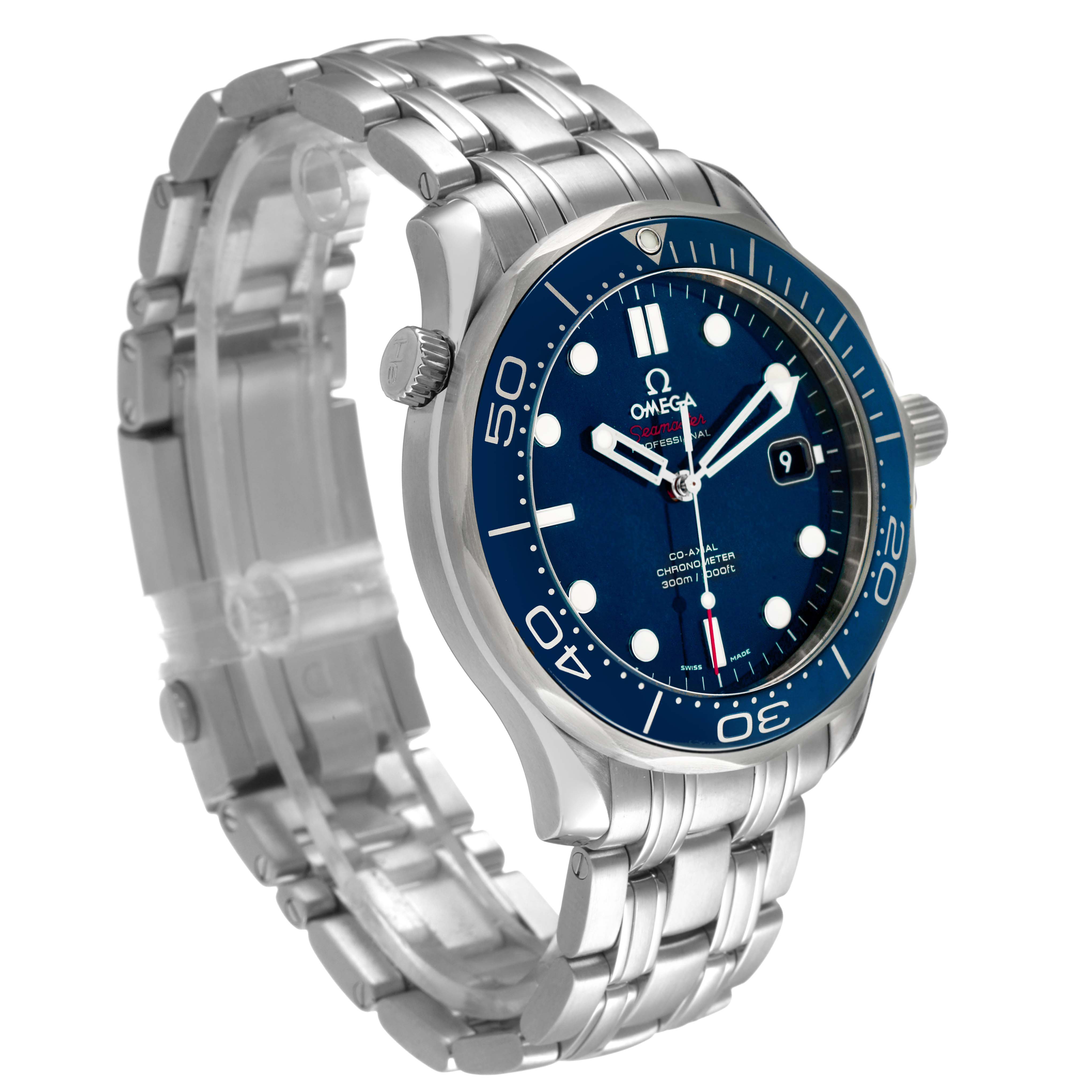 The Omega Seamaster 212.30.41.20.03.001 Men's Stainless Steel Blue Dial watch is shown at a three-quarter angle, highlighting the blue dial, bezel, and metal bracelet.