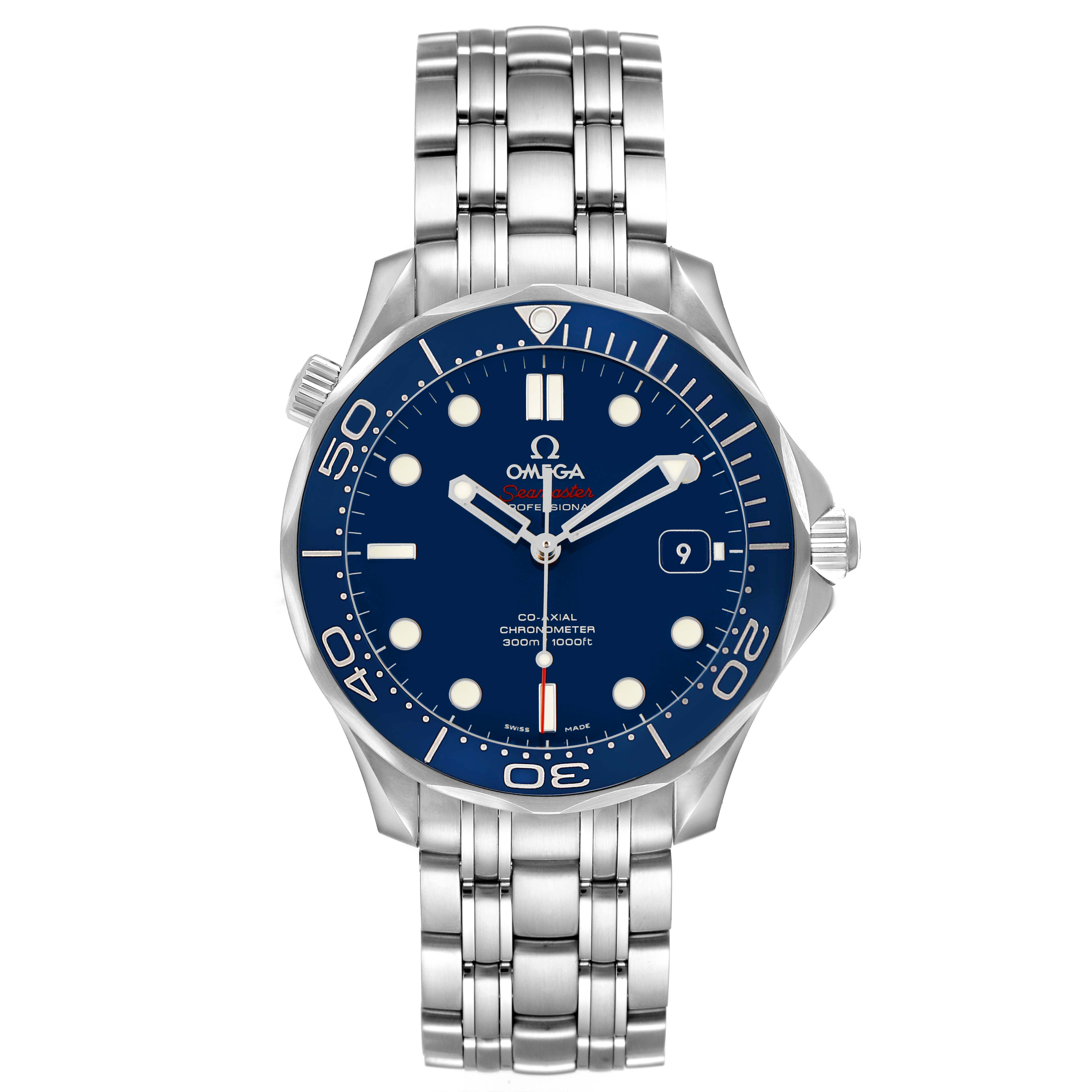 The Omega Seamaster 212.30.41.20.03.001 Men's Stainless Steel Blue Dial watch is shown from the front, displaying its blue dial, bezel, and metal bracelet.