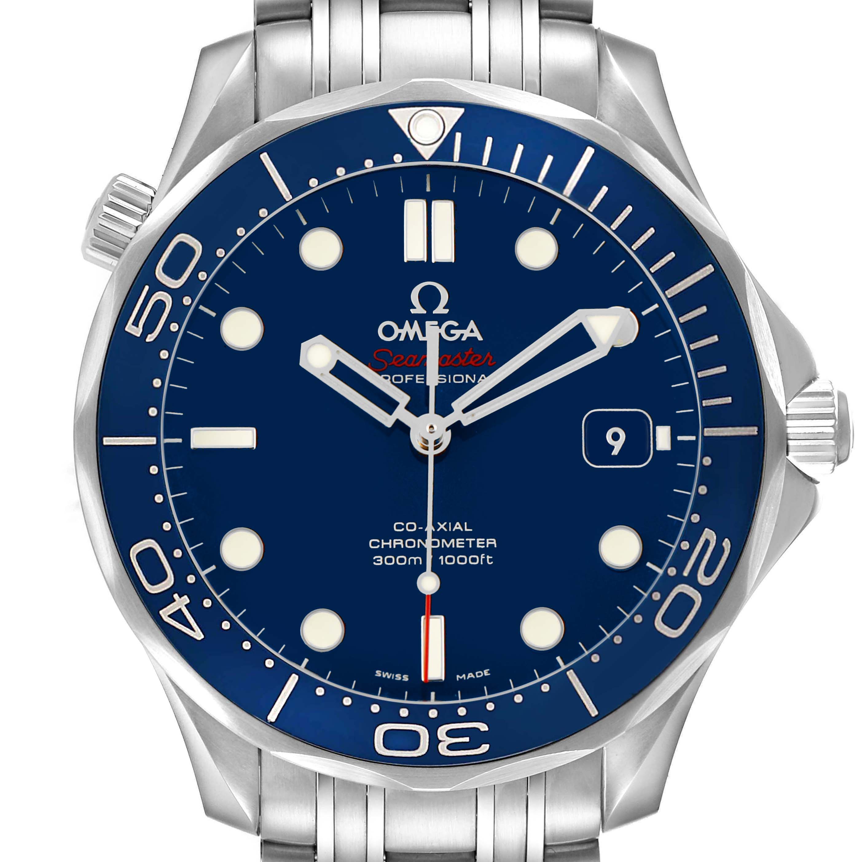 The Omega Seamaster 212.30.41.20.03.001 Men's Stainless Steel Blue Dial watch is shown from the front, highlighting its blue dial, bezel, and stainless steel bracelet.