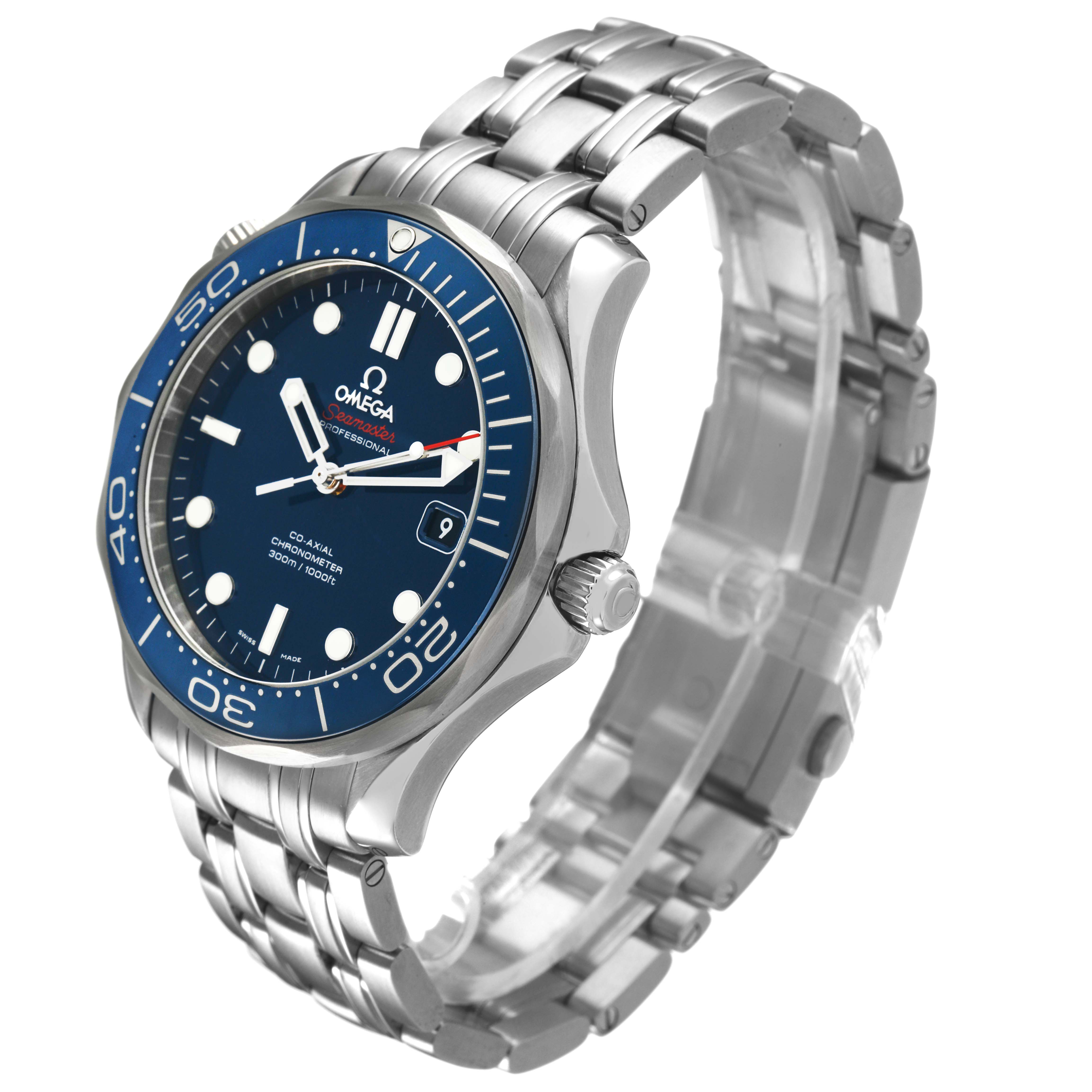 The Omega Seamaster 212.30.41.20.03.001 Men's Stainless Steel Blue Dial watch is shown at an angle highlighting the face, bezel, case, crown, and part of the bracelet.