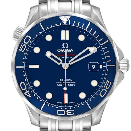 The Omega Seamaster 212.30.41.20.03.001 Men's Stainless Steel Blue Dial watch is shown from the front, highlighting the dial, bezel, crown, and part of the bracelet.
