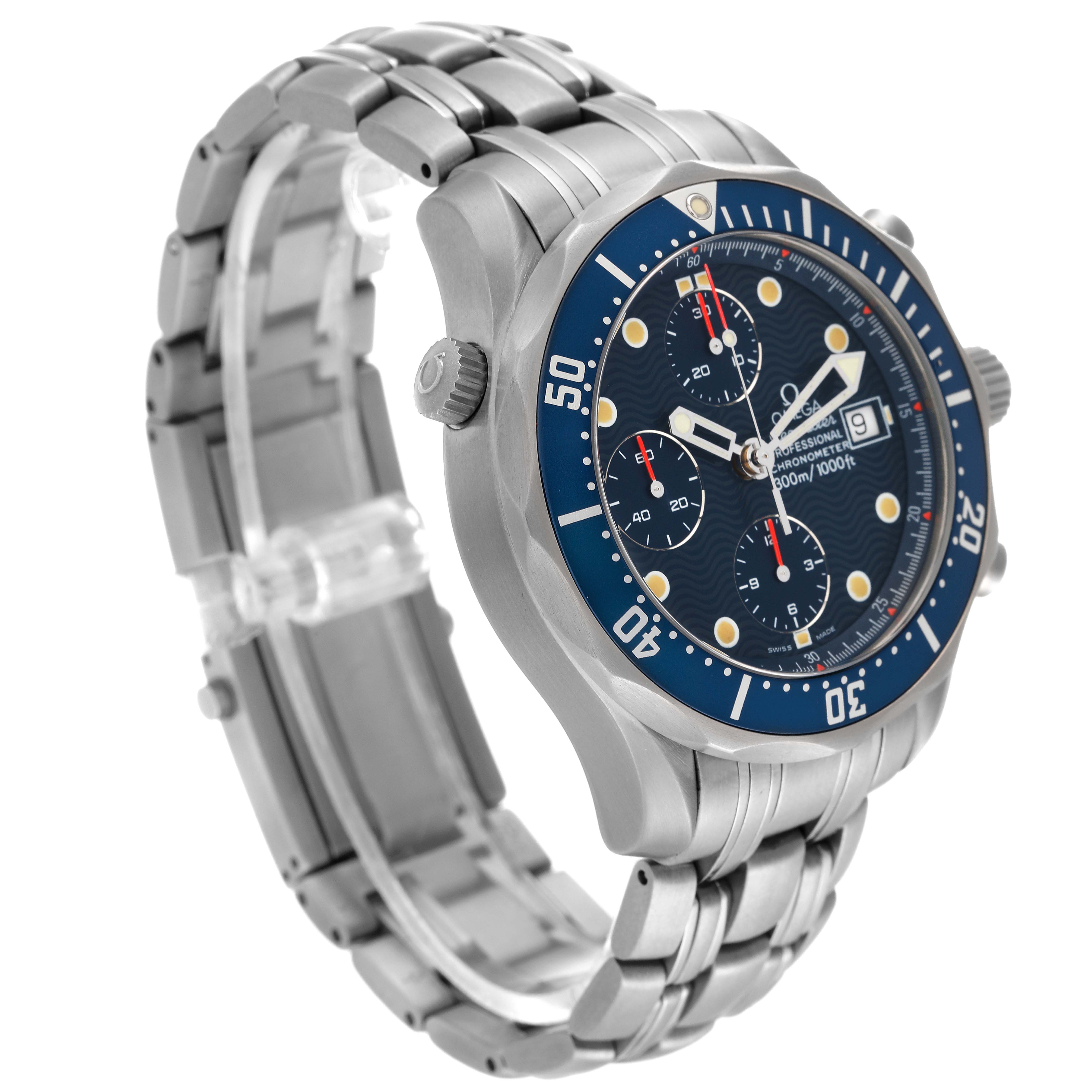 The Omega Seamaster 2298.80.00 Men's Titanium Blue Dial 2298.80.00 Men's Titanium Blue Dial watch is shown from a front-left angle, displaying its blue dial, bezel, and stainless steel bracelet.