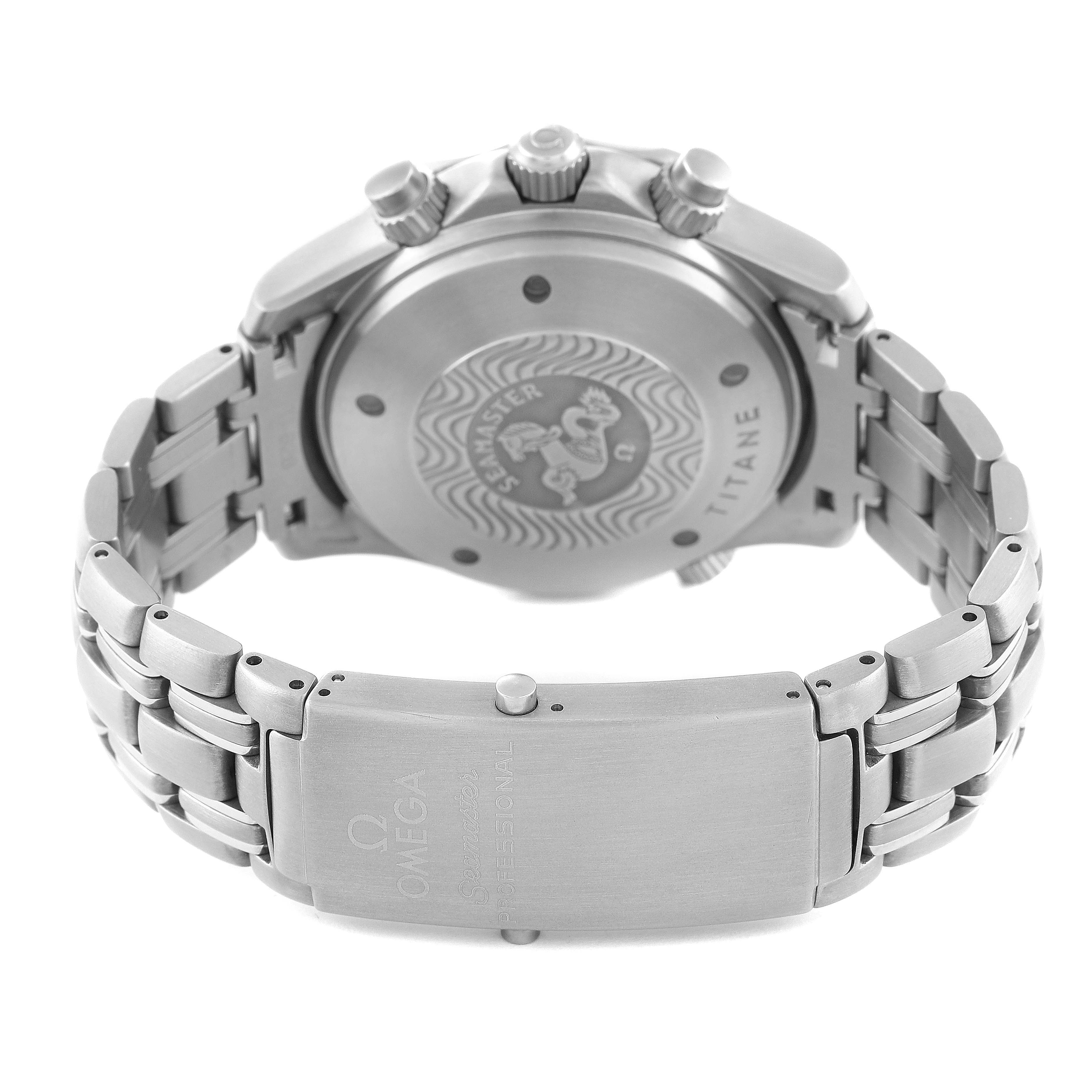 The image shows the backside and clasp of an Omega Seamaster 2298.80.00 Men's Titanium Blue Dial 2298.80.00 Men's Titanium Blue Dial watch in titanium, highlighting its bracelet and engravings.