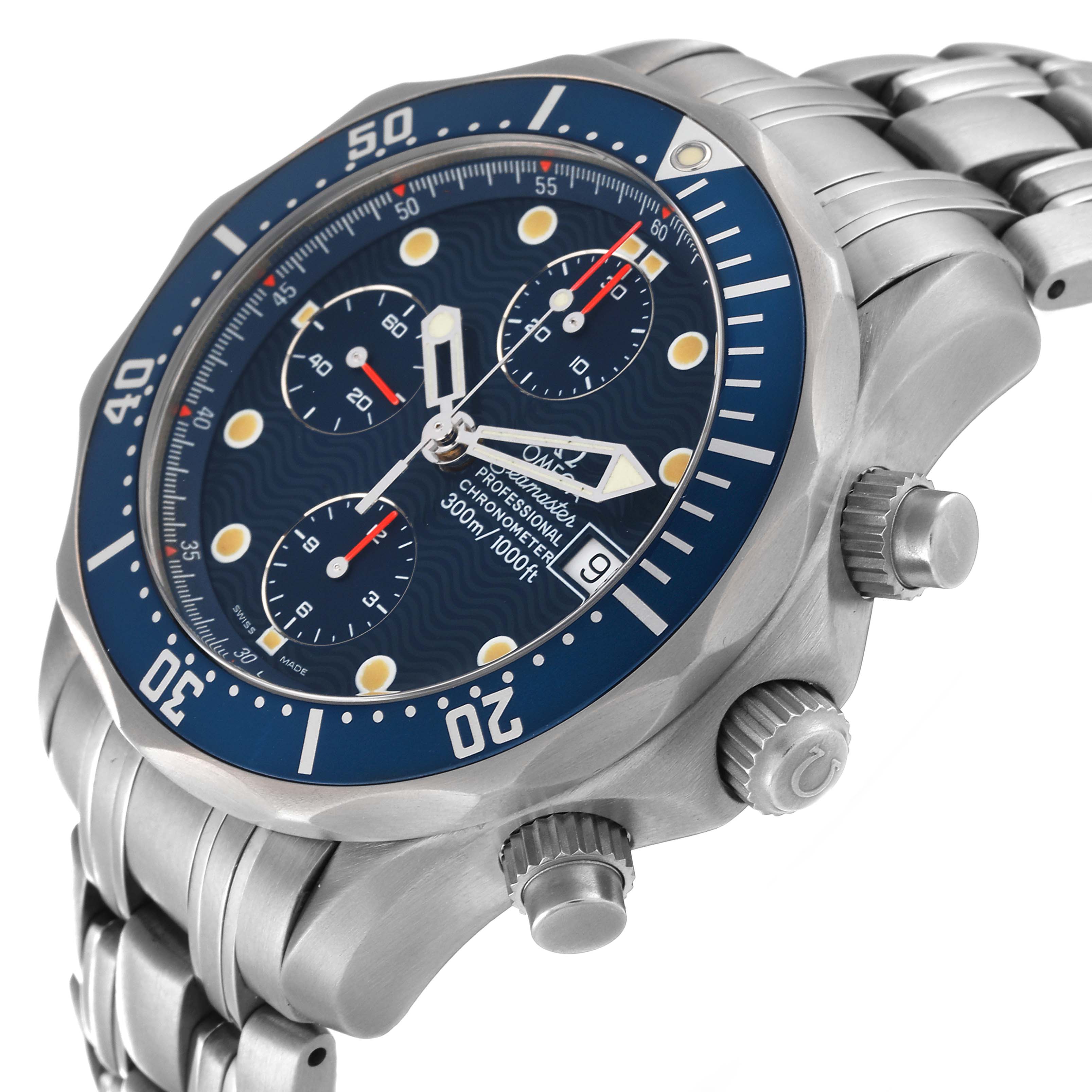 The image shows a side angle of an Omega Seamaster 2298.80.00 Men's Titanium Blue Dial 2298.80.00 Men's Titanium Blue Dial watch featuring the bezel, chronograph dials, crown, and bracelet.