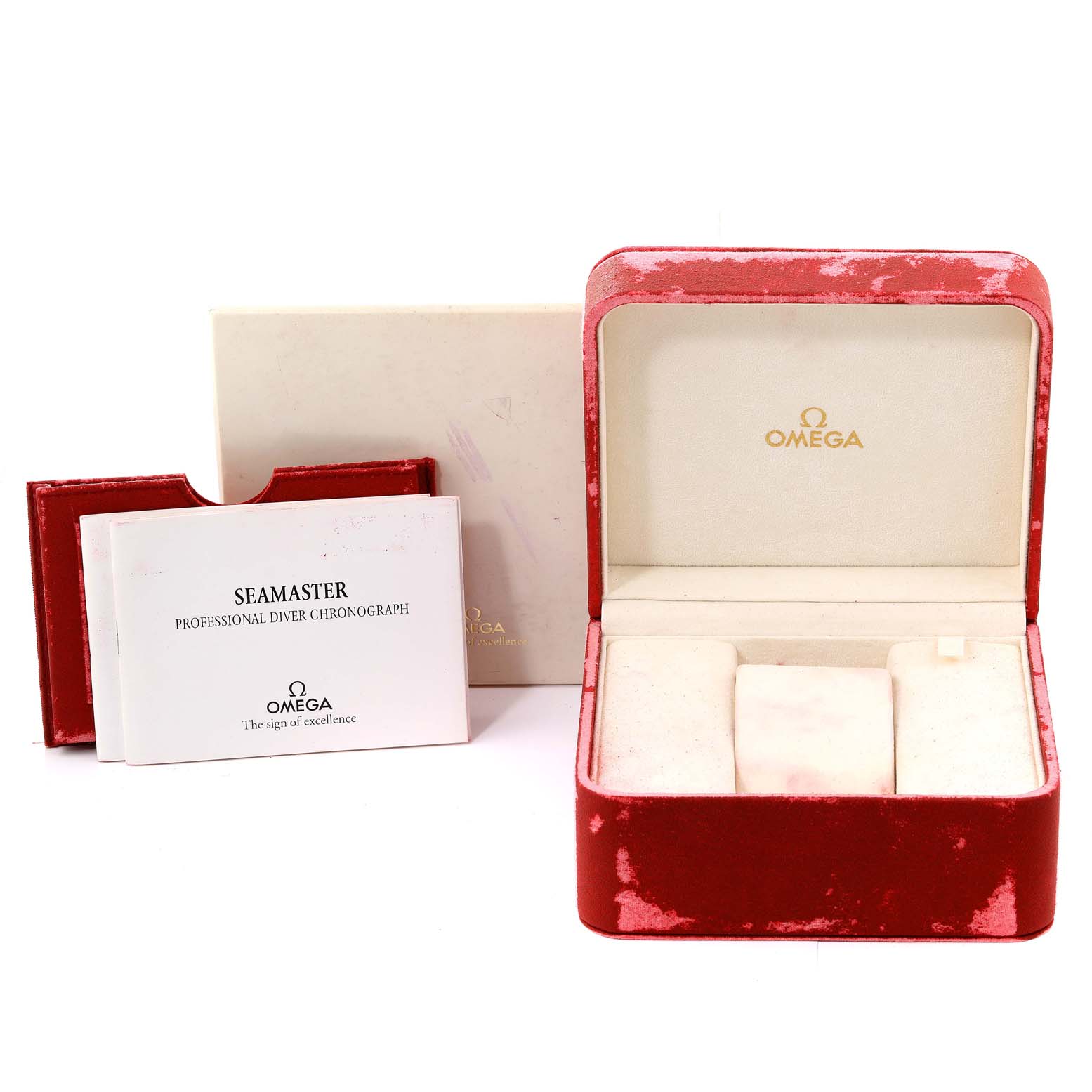 The image shows an Omega Seamaster 2298.80.00 Men's Titanium Blue Dial 2298.80.00 Men's Titanium Blue Dial watch box, manuals, and a cardholder from a front angle.