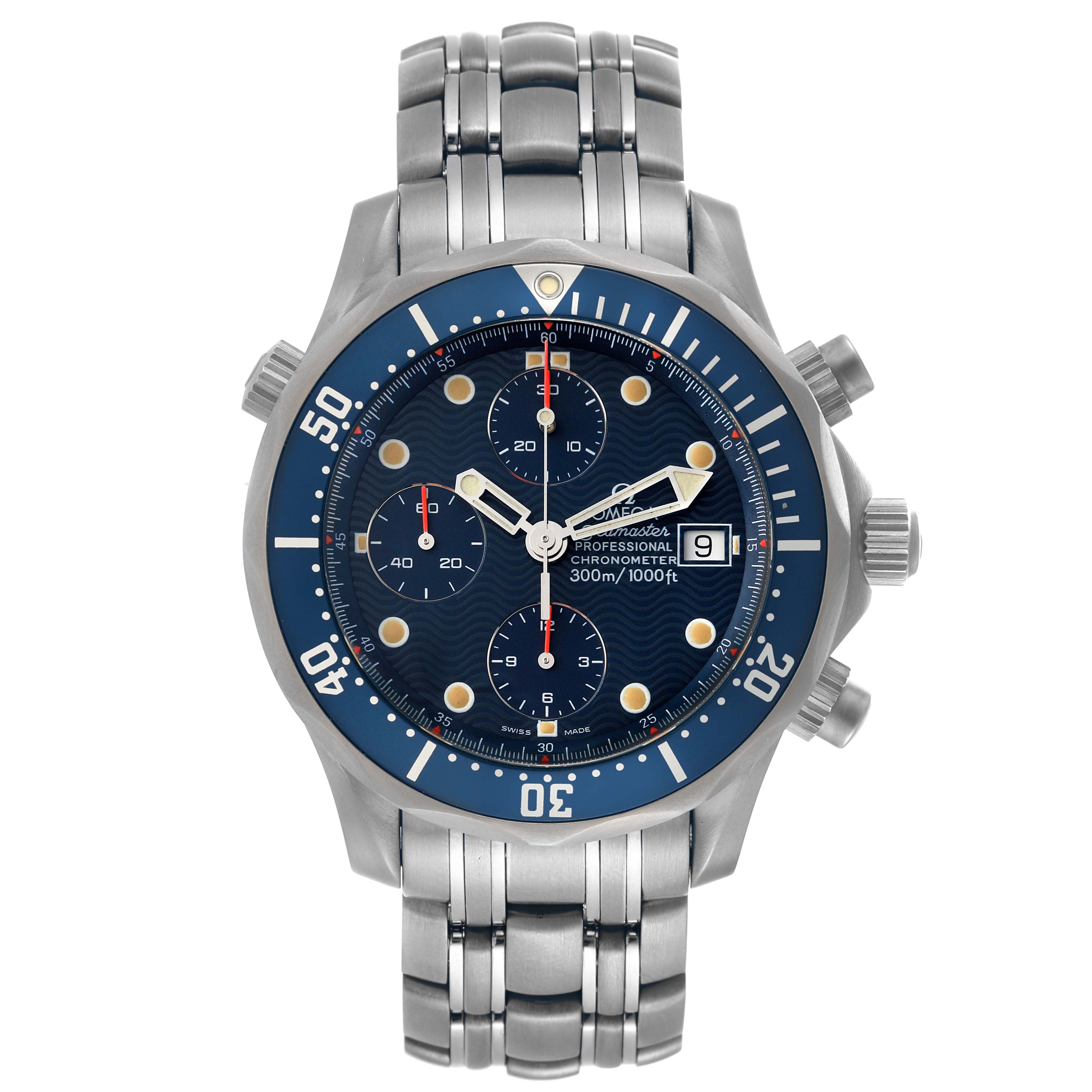 This Omega Seamaster 2298.80.00 Men's Titanium Blue Dial 2298.80.00 Men's Titanium Blue Dial watch is shown from the front, displaying its blue dial, chronograph subdials, and stainless steel bracelet.