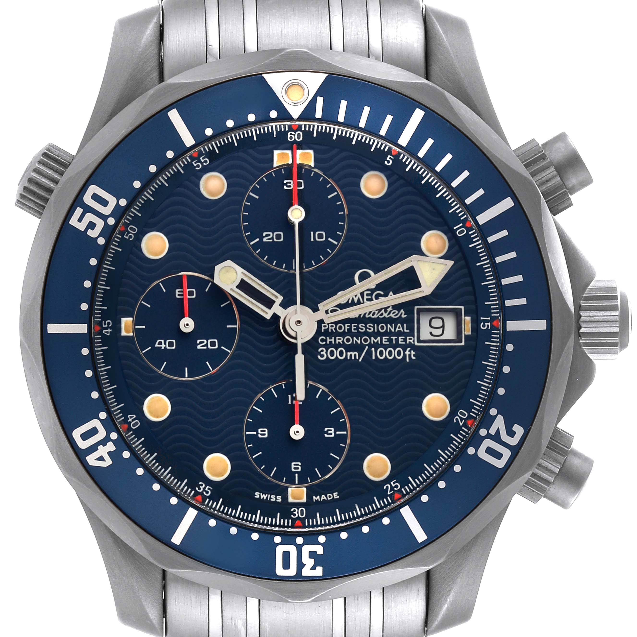 This image shows a front view of the Omega Seamaster 2298.80.00 Men's Titanium Blue Dial 2298.80.00 Men's Titanium Blue Dial watch, highlighting the dial, chronograph subdials, bezel, and date window.