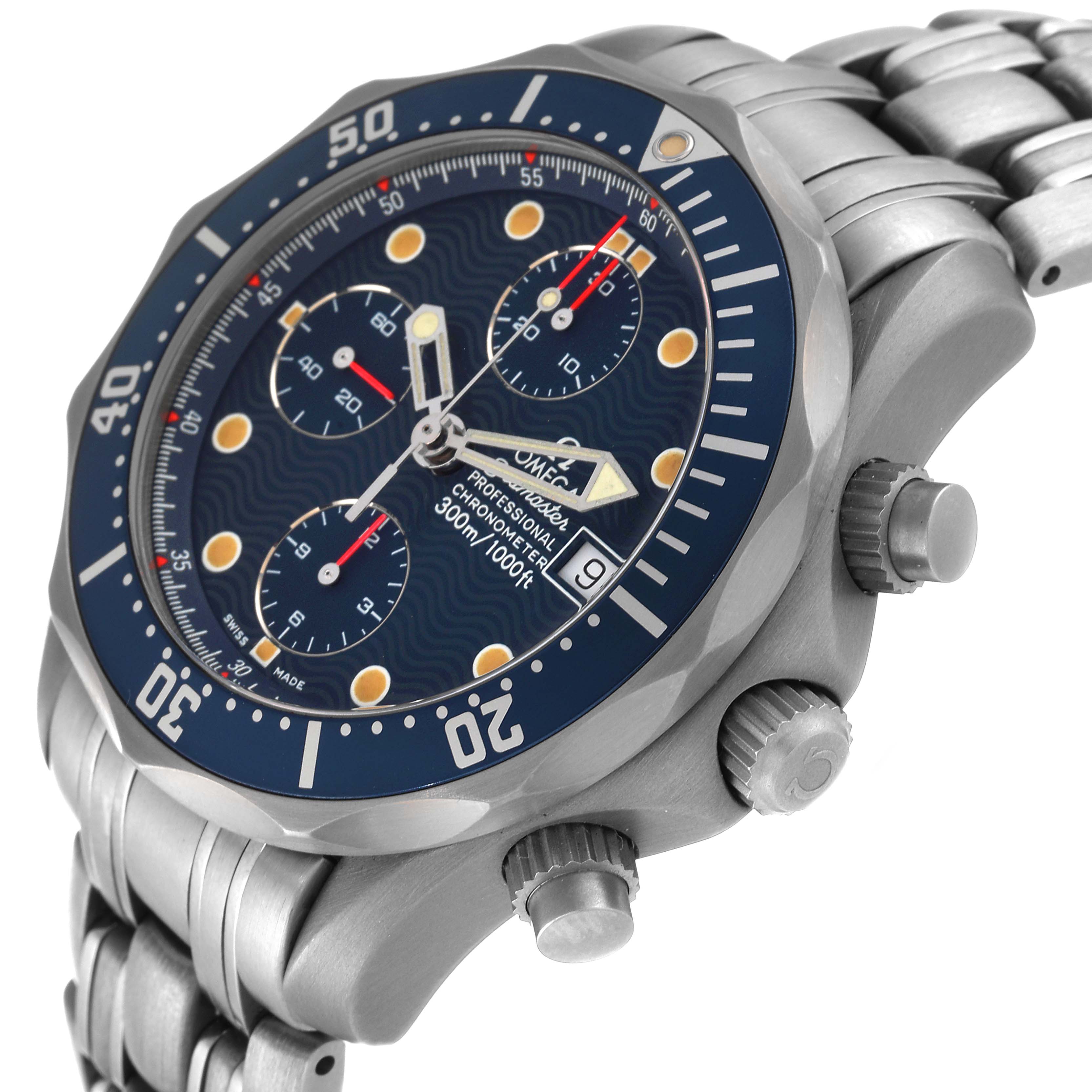 The Omega Seamaster 2298.80.00 Men's Titanium Blue Dial 2298.80.00 Men's Titanium Blue Dial watch is shown from an angled close-up, displaying the bezel, dial, subdials, crown, and part of the bracelet.